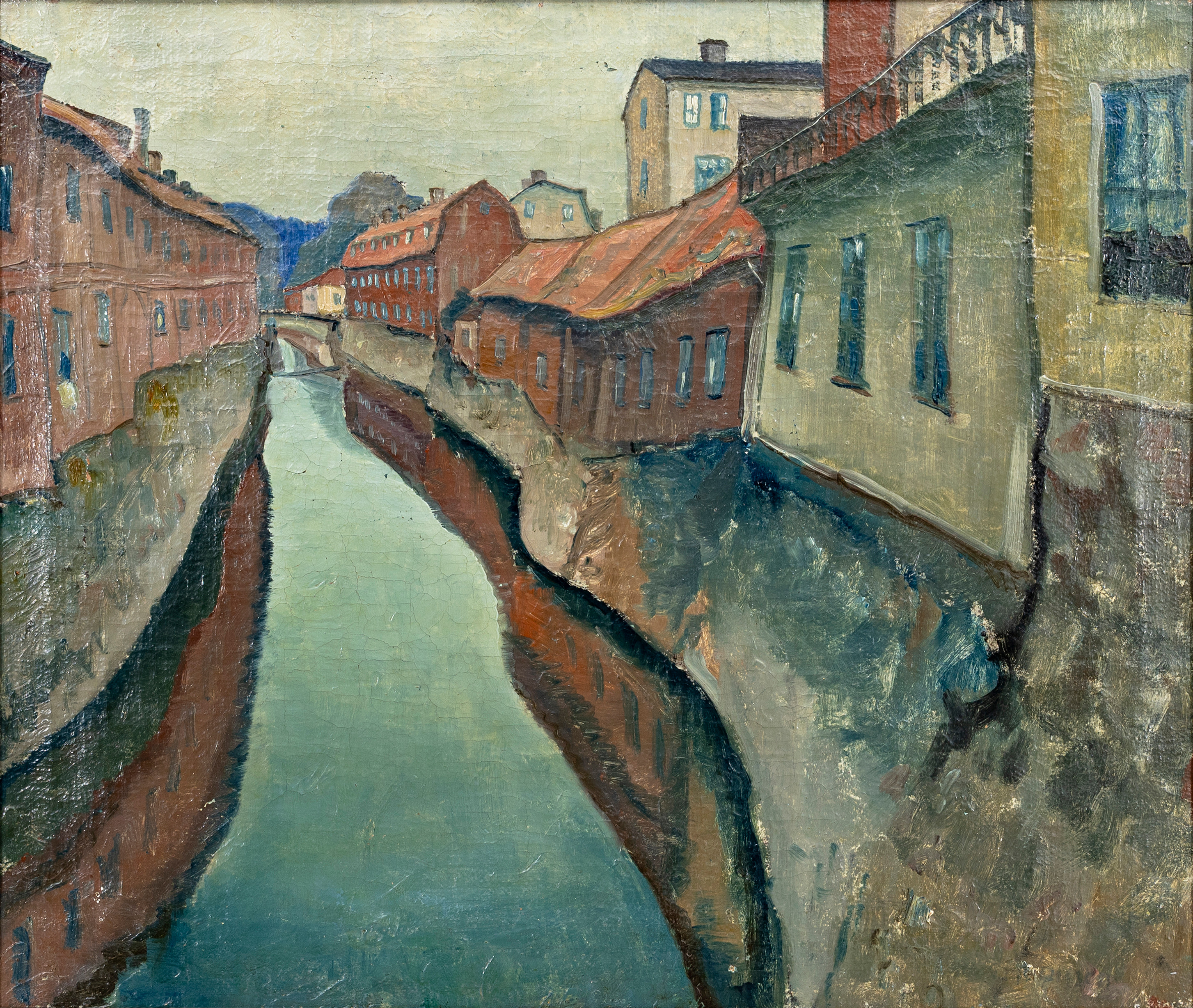 OIDENTIFIERAD KONSTNÄR. olja på duk, byggnader i Västerås längs Svartån, 1900-talets början, otydligt signerad.