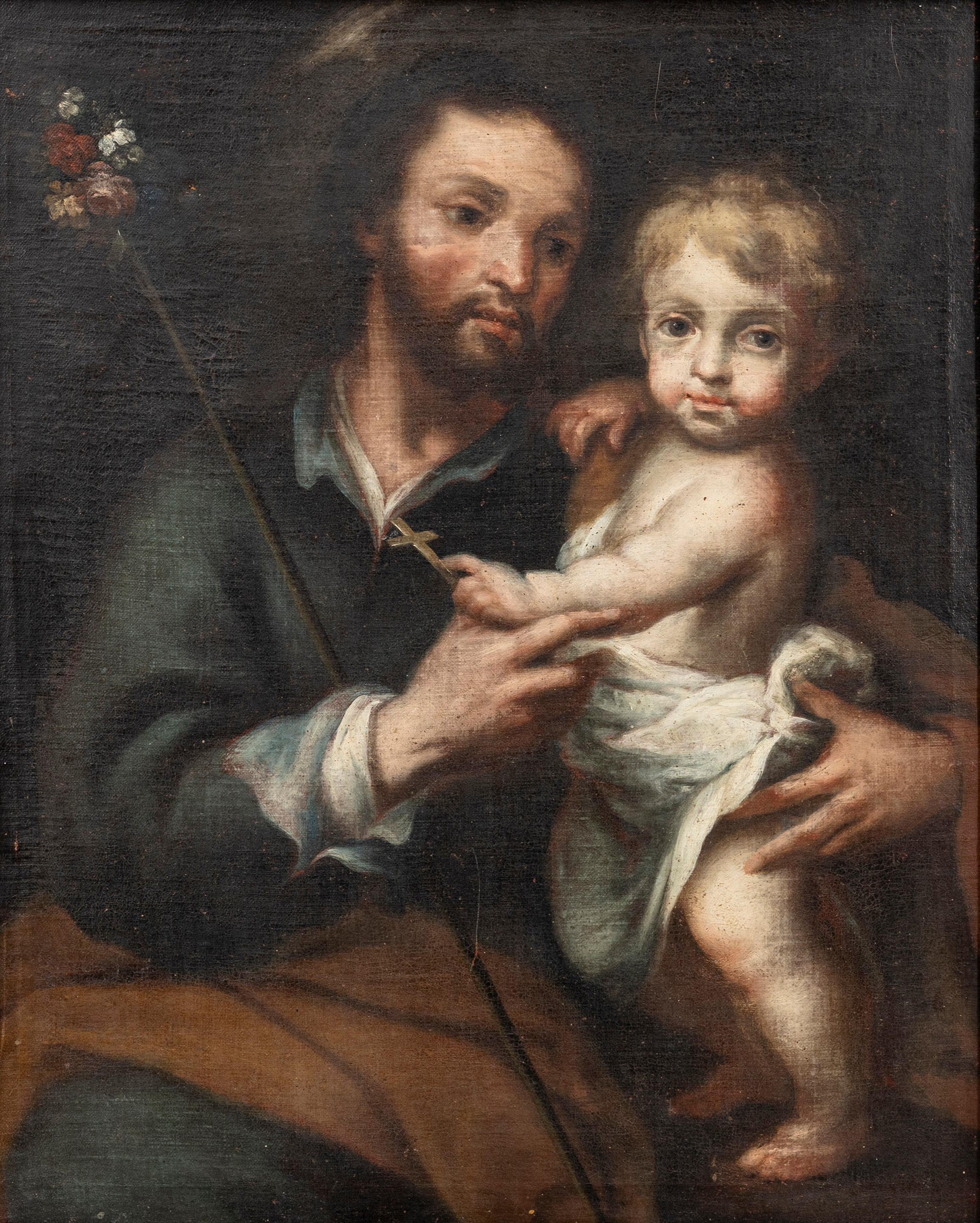 BARTOLOME ESTEBAN MURILLO (SPANIEN 1617-82). EFTER. Josef och Kristusbarnet, olja på duk, sannolikt 1800-tal.