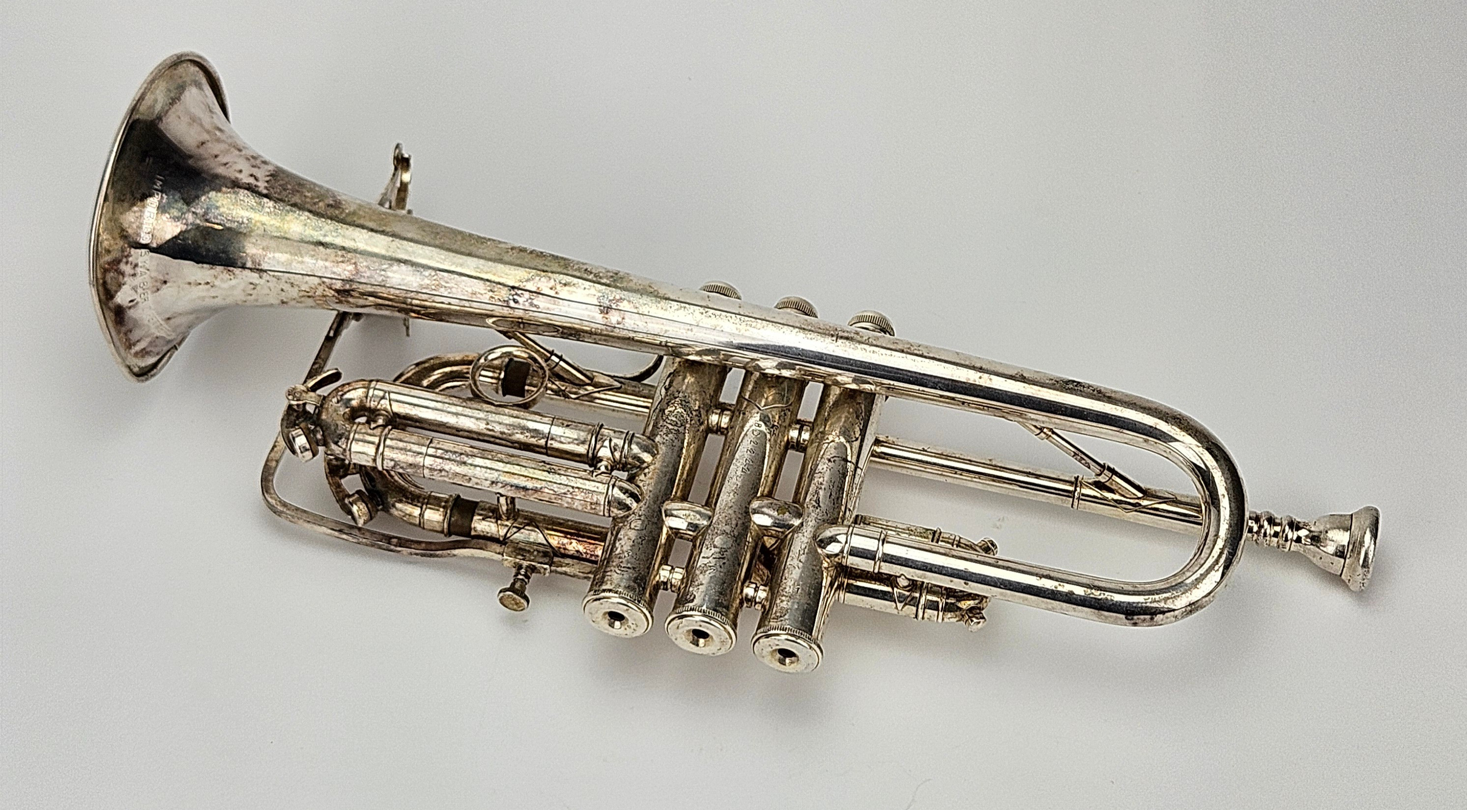 KORNETT, vitmetall, Brass Brand, imported by AB Eric Petterson Stockholm.