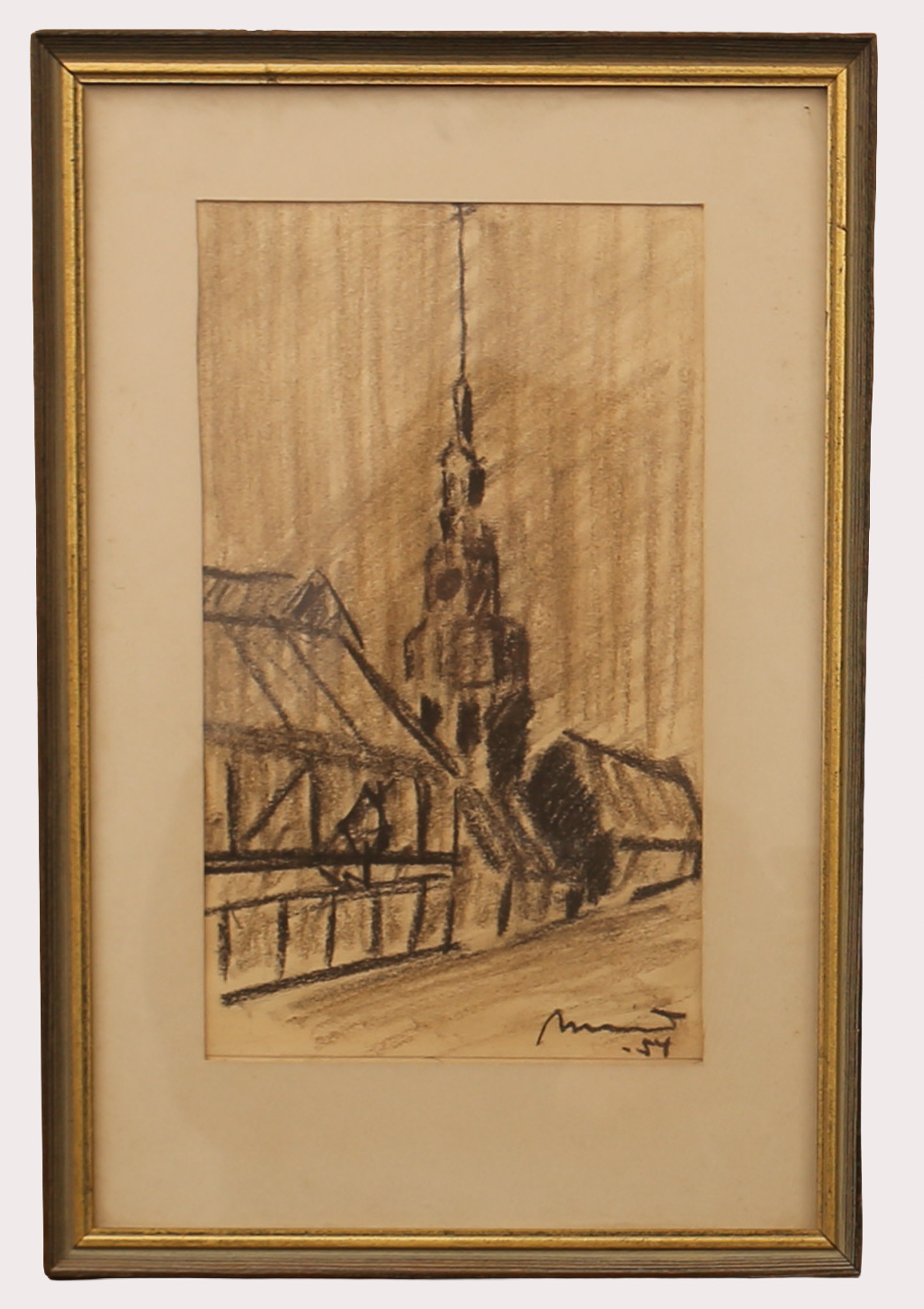 OIDENTIFIERAD KONSTNÄR. pastell, korsvirkeshus, med kyrktorn i bakgrunden. Otydligt signerad, daterad -54. 1900-talets tredje fjärdedel.
