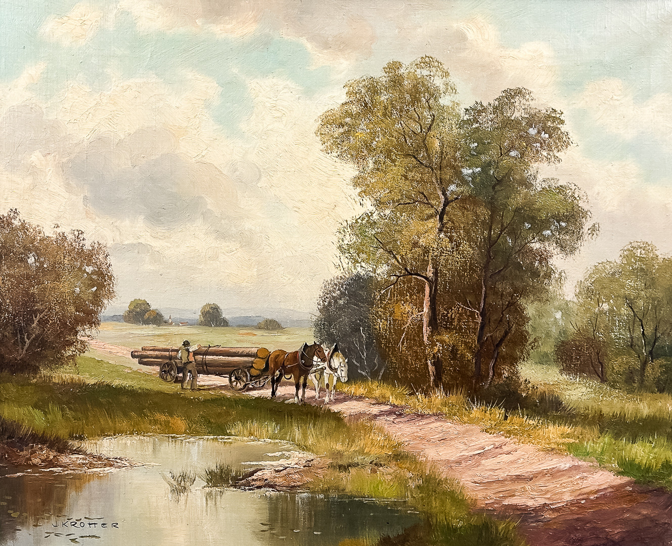 JOSEPH KROTTER. OLJA PÅ DUK, "Häst och vagn på landsväg", signerad.