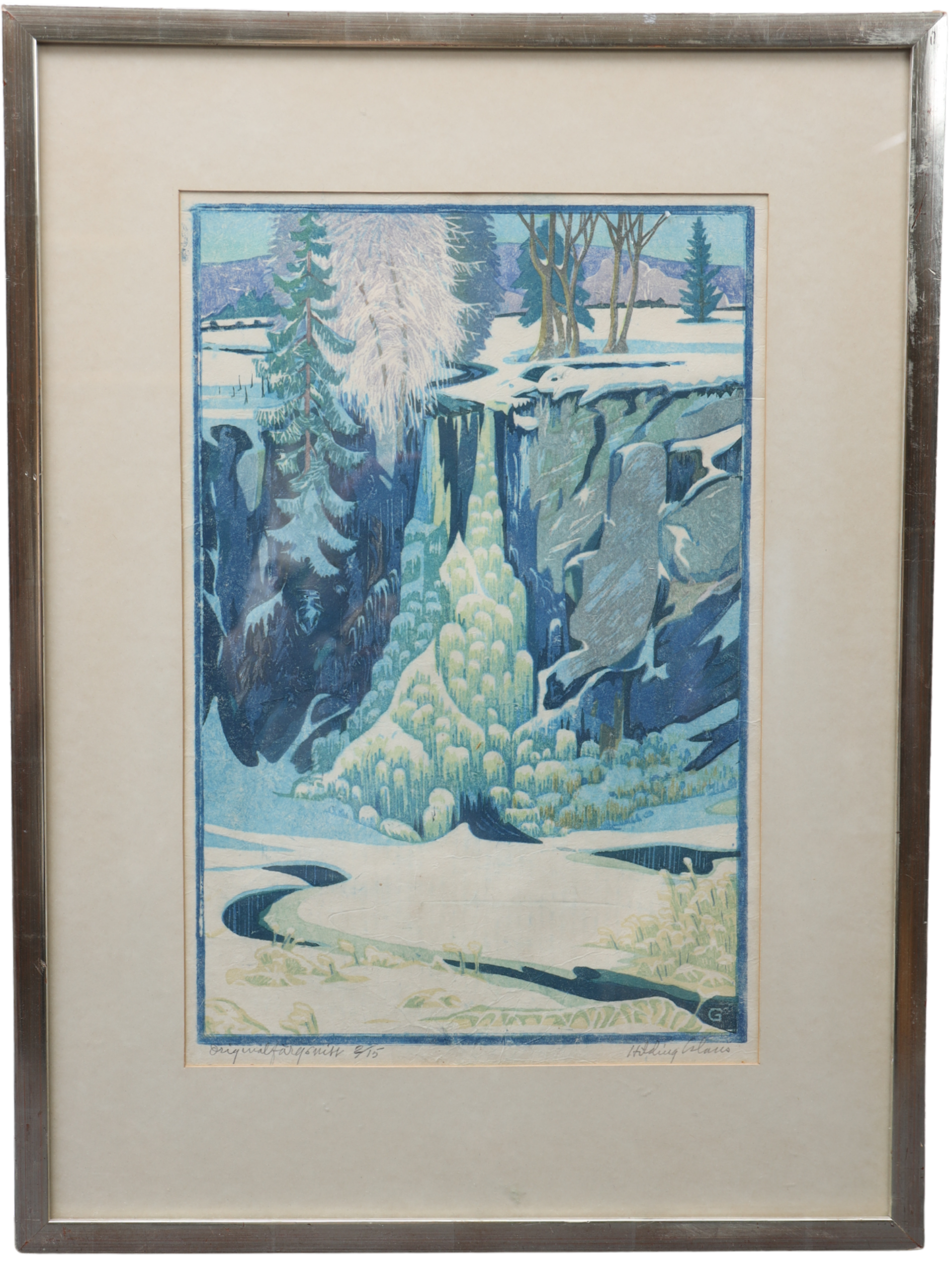 HILDING GLANS. Skogsbild, färgträsnitt, signerad och numrerad.
