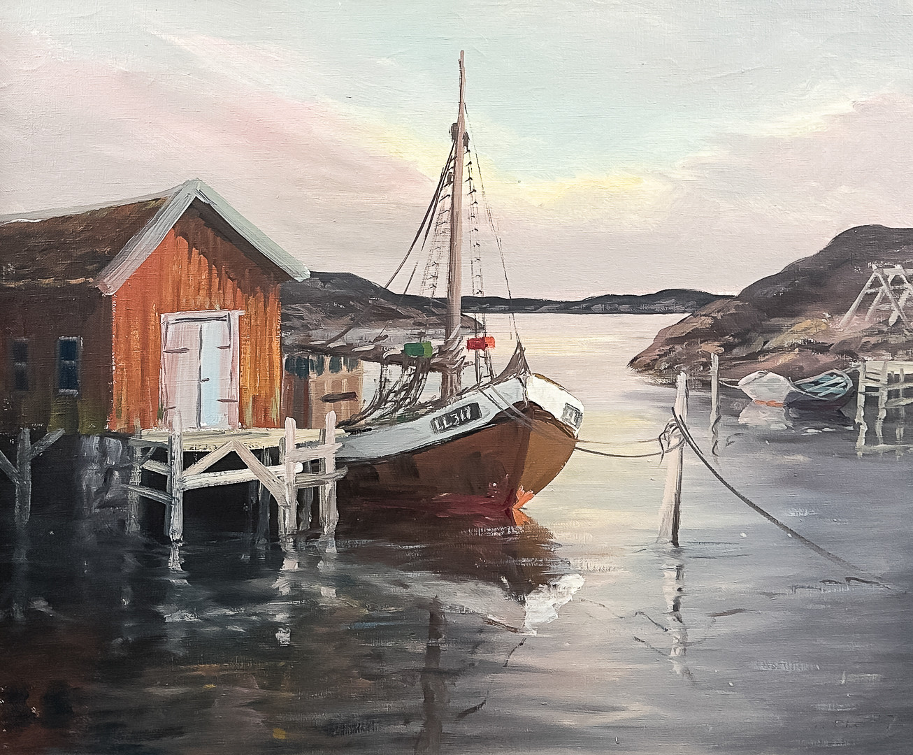 Oidentifierad konstnär, OLJA PÅ DUK, "Skymning i hamnen", signerad.