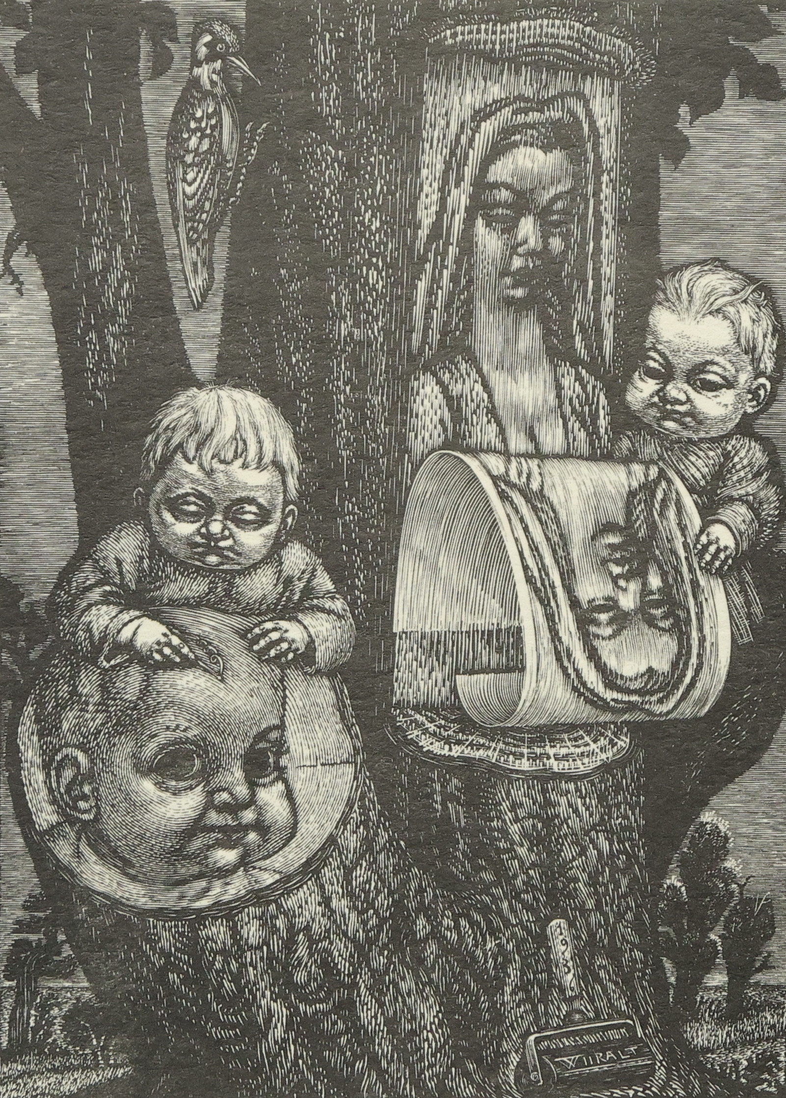 EDUARD WIIRALT. "Birth of a woodcut/ Puulõike sünd ", träsnitt, signerad och daterad 1936 i trycket samt handsignerad undertill.