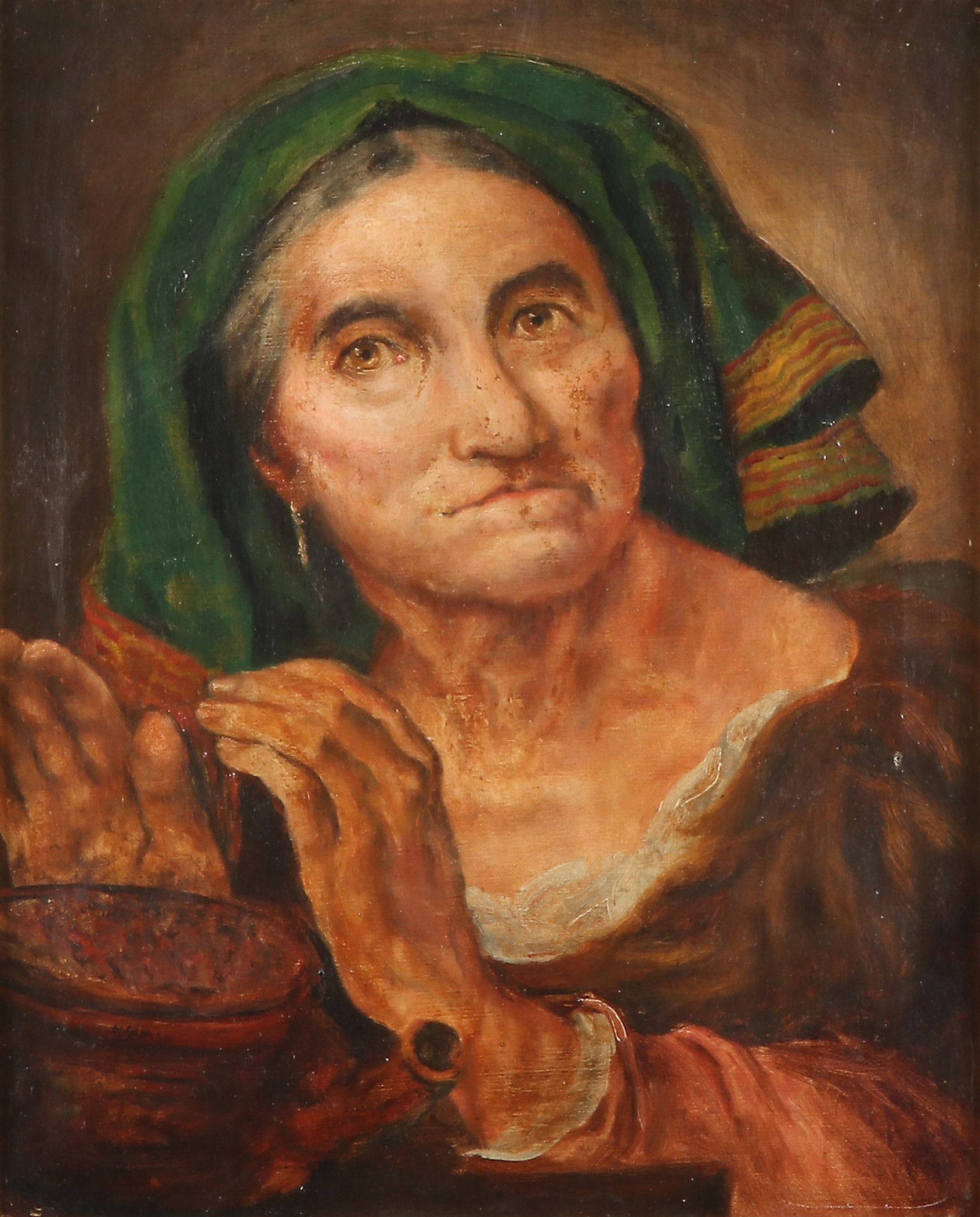 OIDENTIFIERAD KONSTNÄR, OTYDLIGT SIGNERAD. Oljemålning på duk. Porträtt av äldre kvinna. England, 1800-tal.