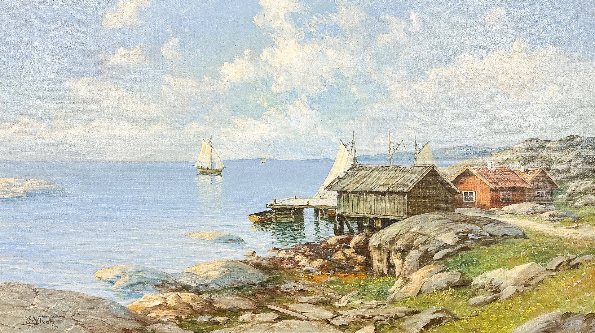 LEONARD WIEDH. OLJA PÅ DUK, "Fiskeläge, västkusten", signerad.