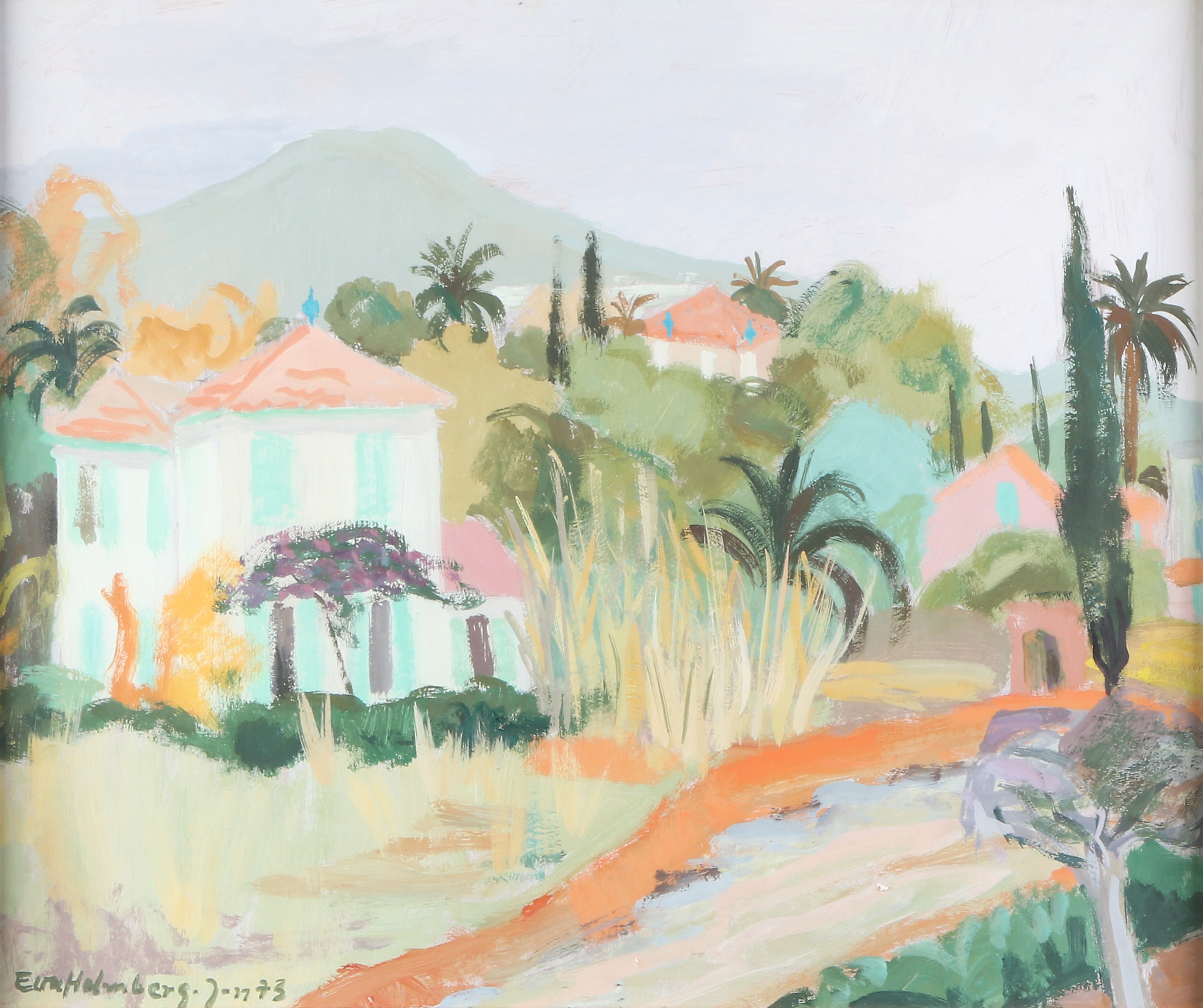EVA HOLMBERG-JACOBSSON. Gouache. "Cros des Cagnes". Signerad och daterad 73.