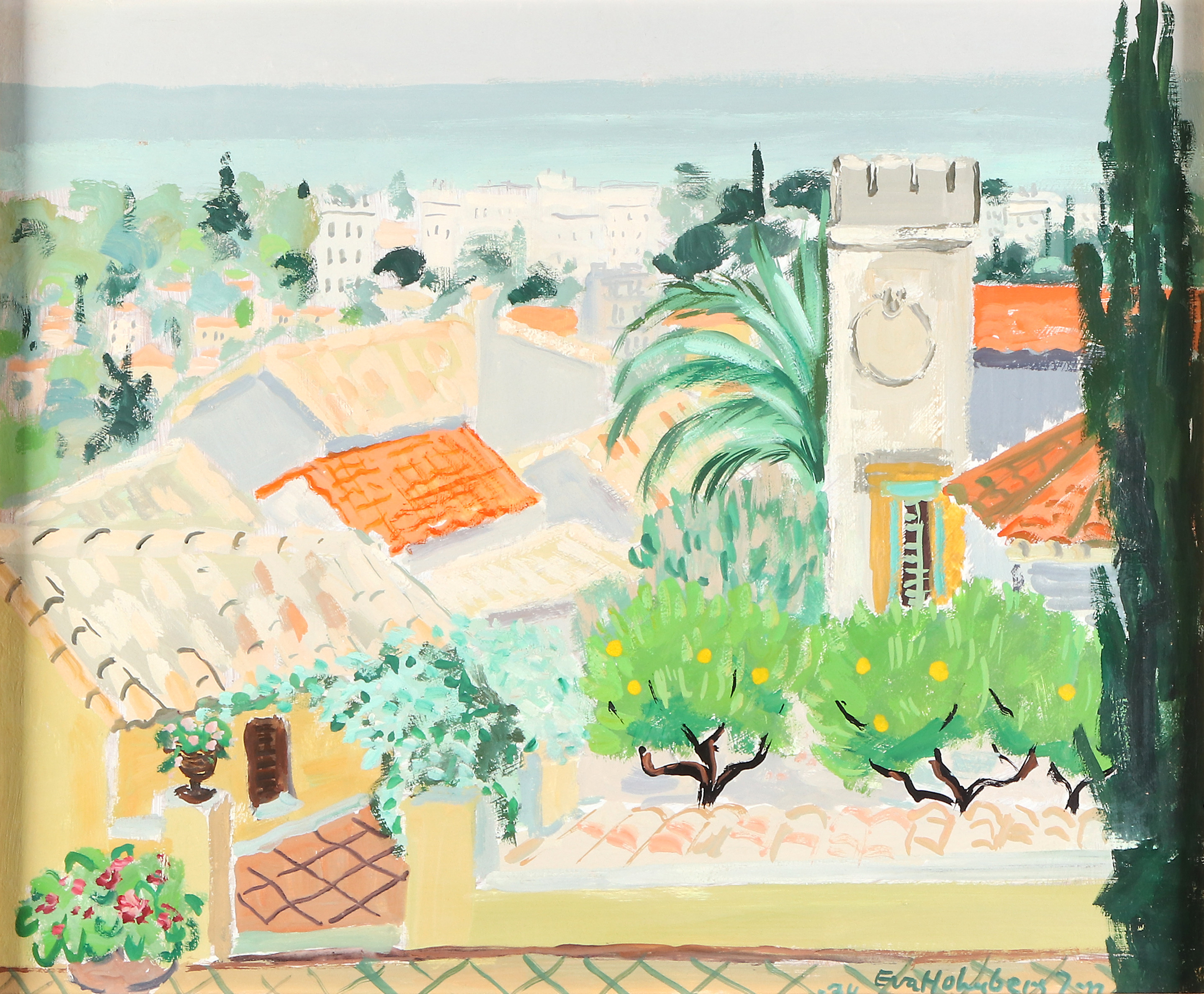 EVA HOLMBERG-JACOBSSON. Oljemålning på pannå. "Cagnes sur mer". Signerad och daterad 77.