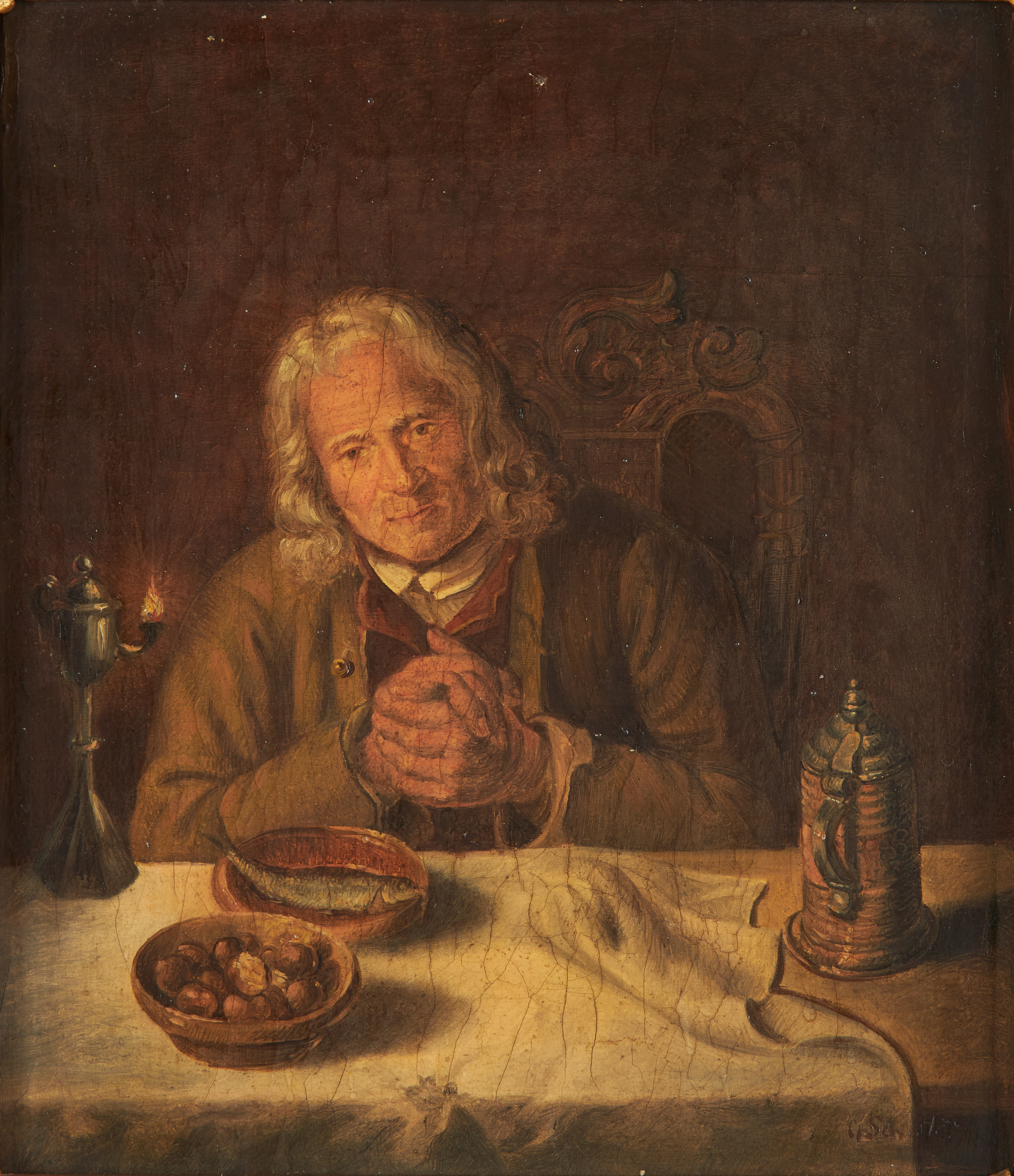 OKÄND KONSTNÄR. Kopia efter Constantin Schroeter. Man vid bord, olja på duk, signerad, 1800/1900-tal.