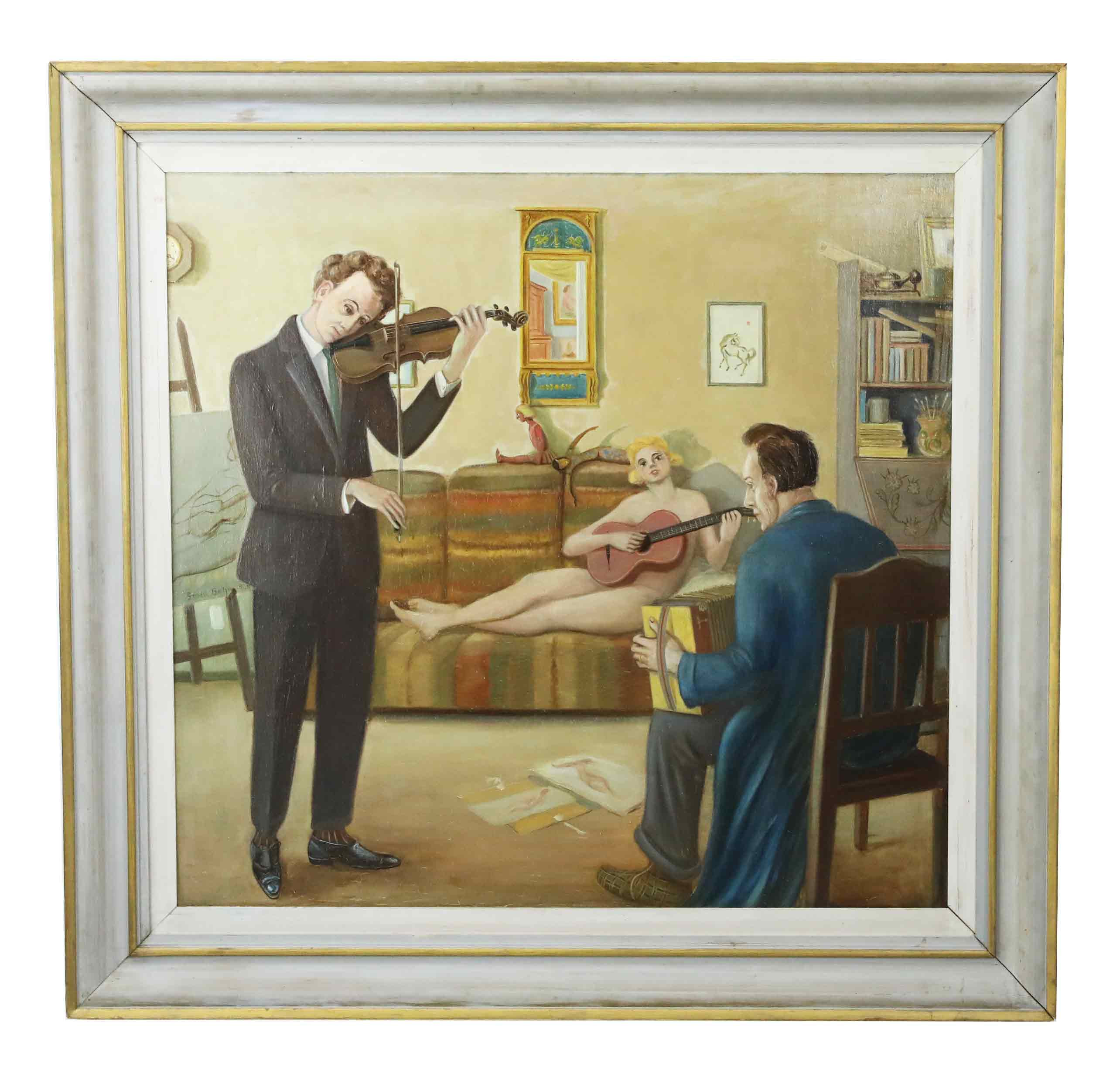GÖSTA BOHM. Olja på pannå, "Musikstund", signerad och daterad 1929.