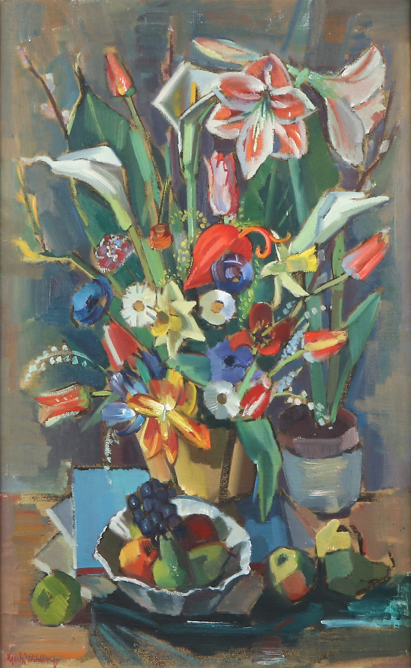 GERHARD WIHLBORG. Oljemålning på duk, uppfodrad på pannå. "Amarylis o vårblommor". Signerad.