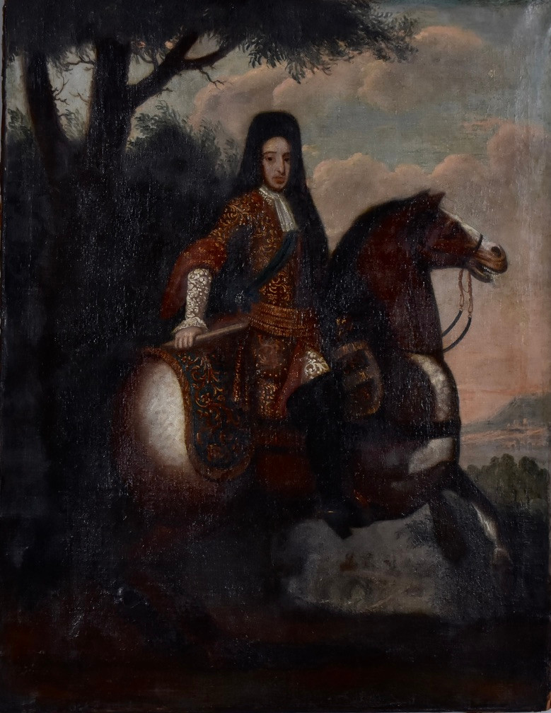 OKÄND KONSTNÄR. oljemålning på duk, 1600-tal, ryttarporträtt föreställande William III av England med marskalkstav och Lesser George.
