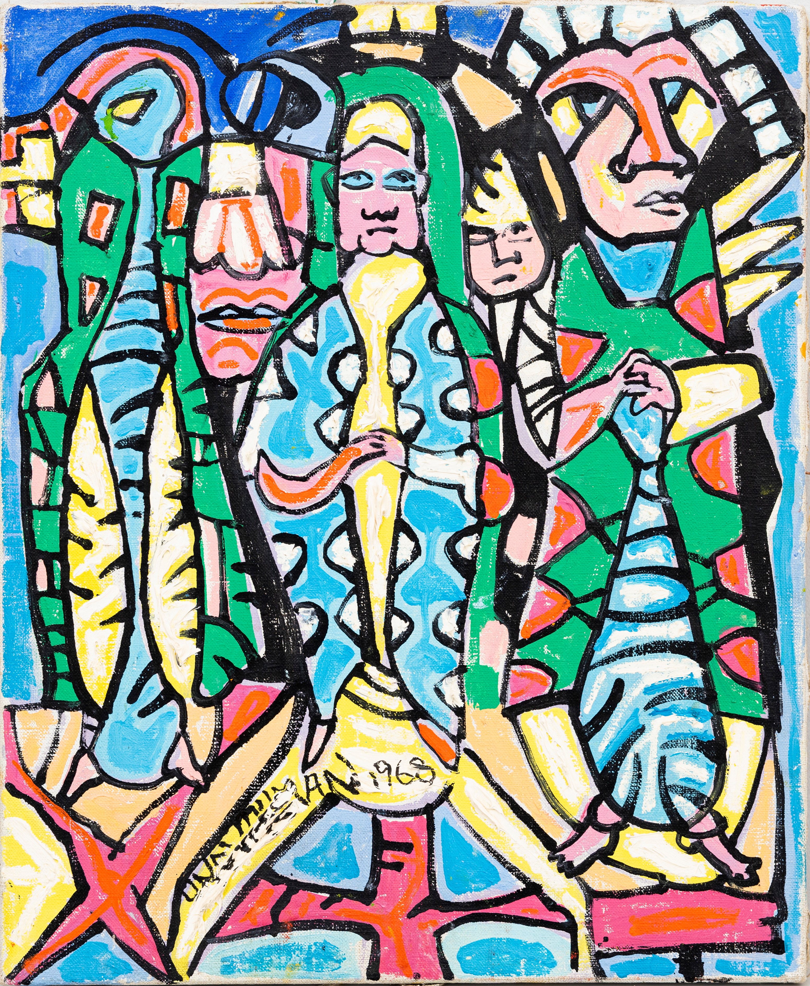 UNO VALLMAN. Komposition med mansfigurer, olja på duk, signerad och daterad, 1968.
