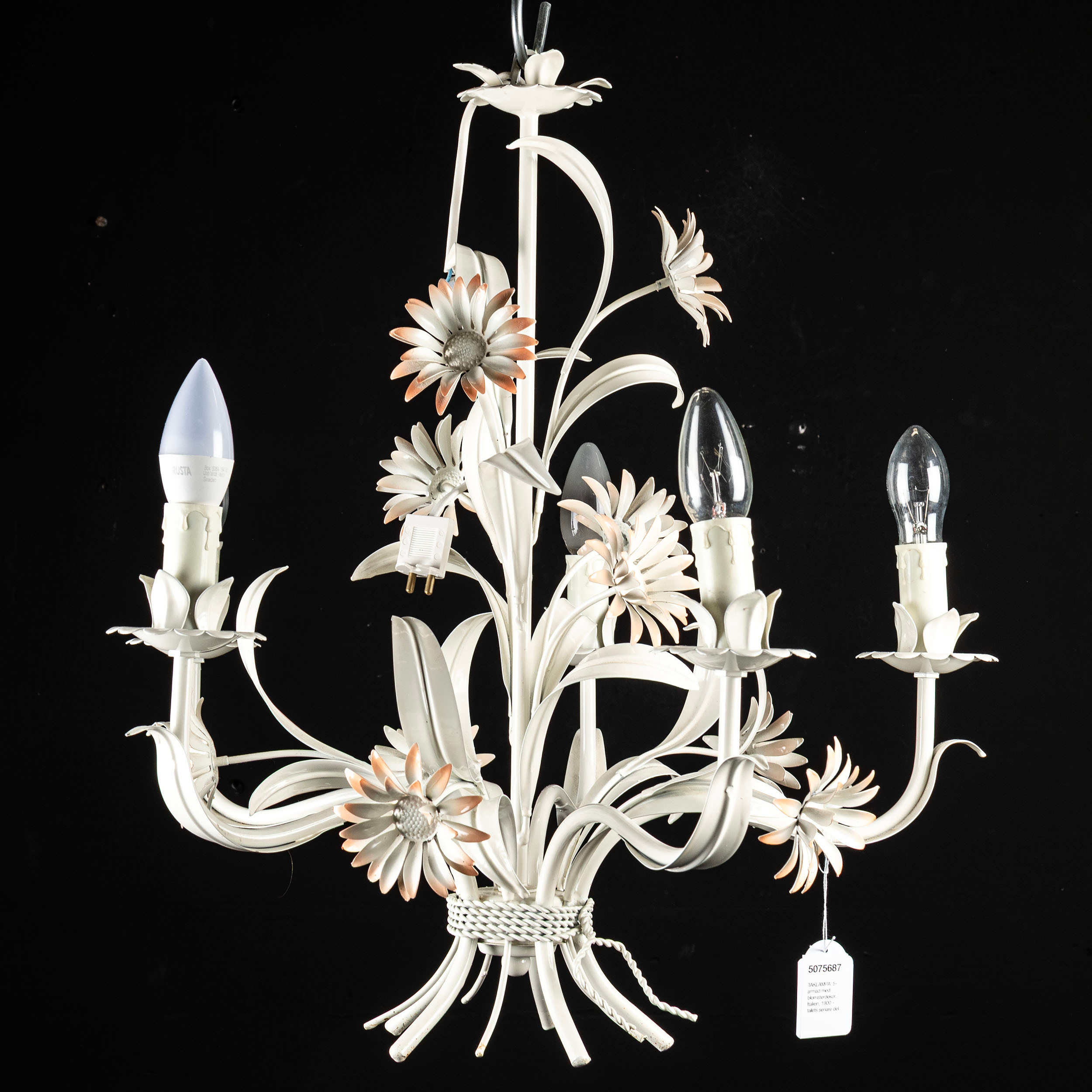 TAKLAMPA, 5-armad med blomsterdekor, Italien, 1900 - talets senare del.
