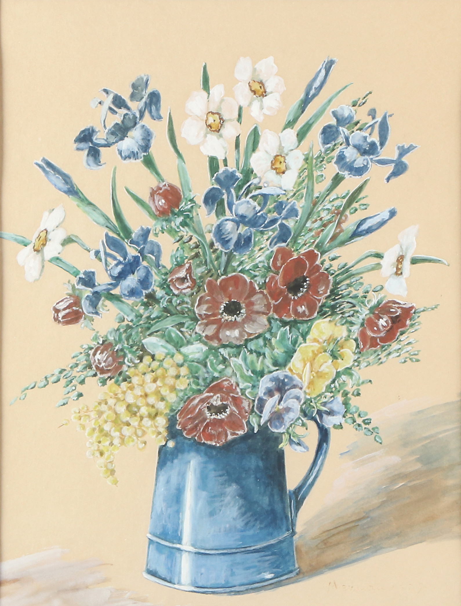 BERNHARD NEUMAN. Gouache. Stilleben med Blombukett i kanna. Signerad.