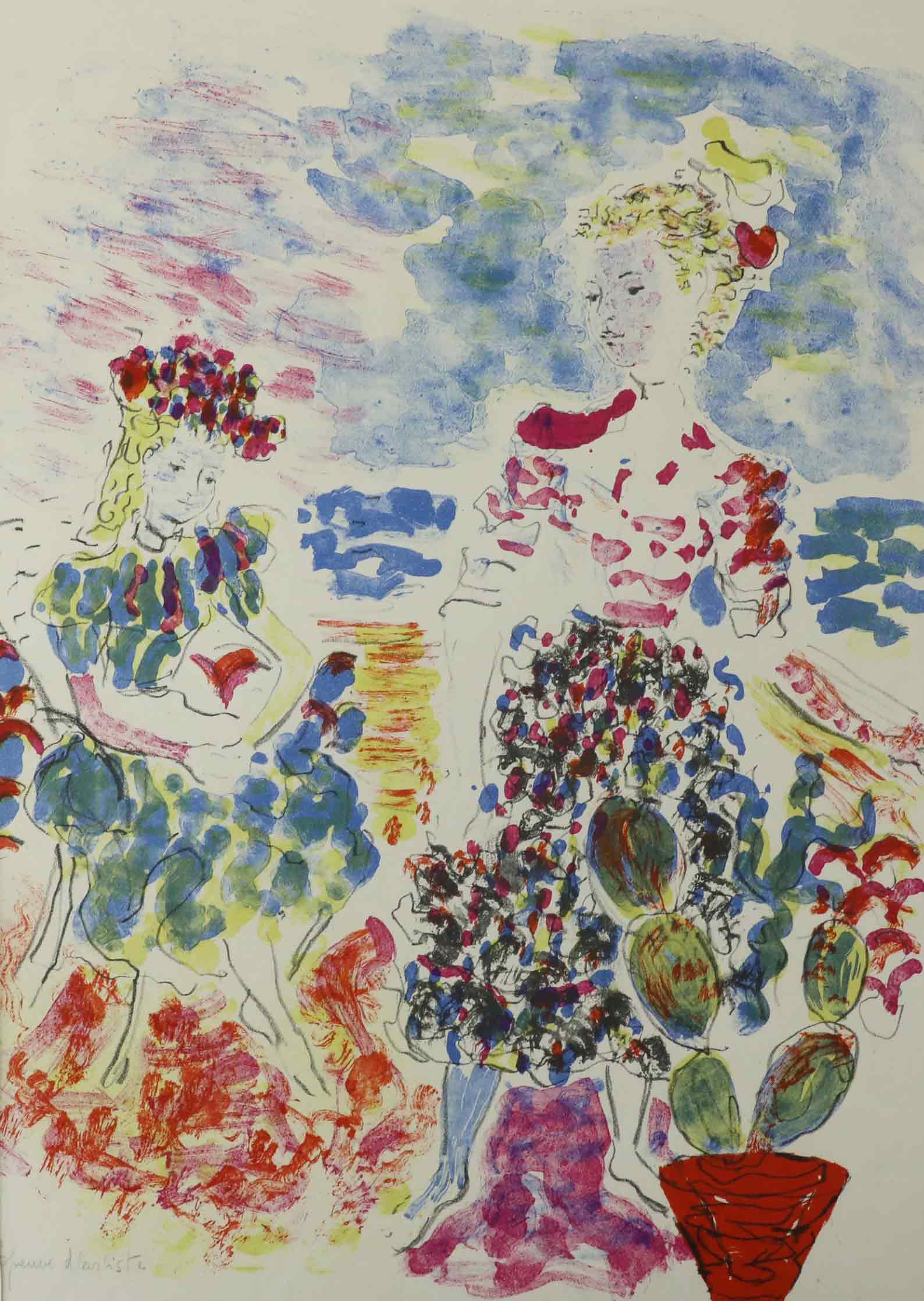 CONSTANTIN ANDRÉEVICH TERECHKOVITCH (RYSSLAND, 1902-1978). färglitografi, två kvinnor, signerad.