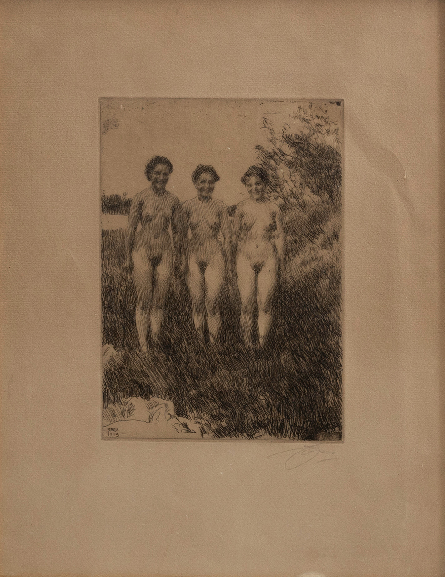 ANDERS ZORN. "Tre Systrar", etsning, signerad i plåten och med blyerts, daterad, 1913.