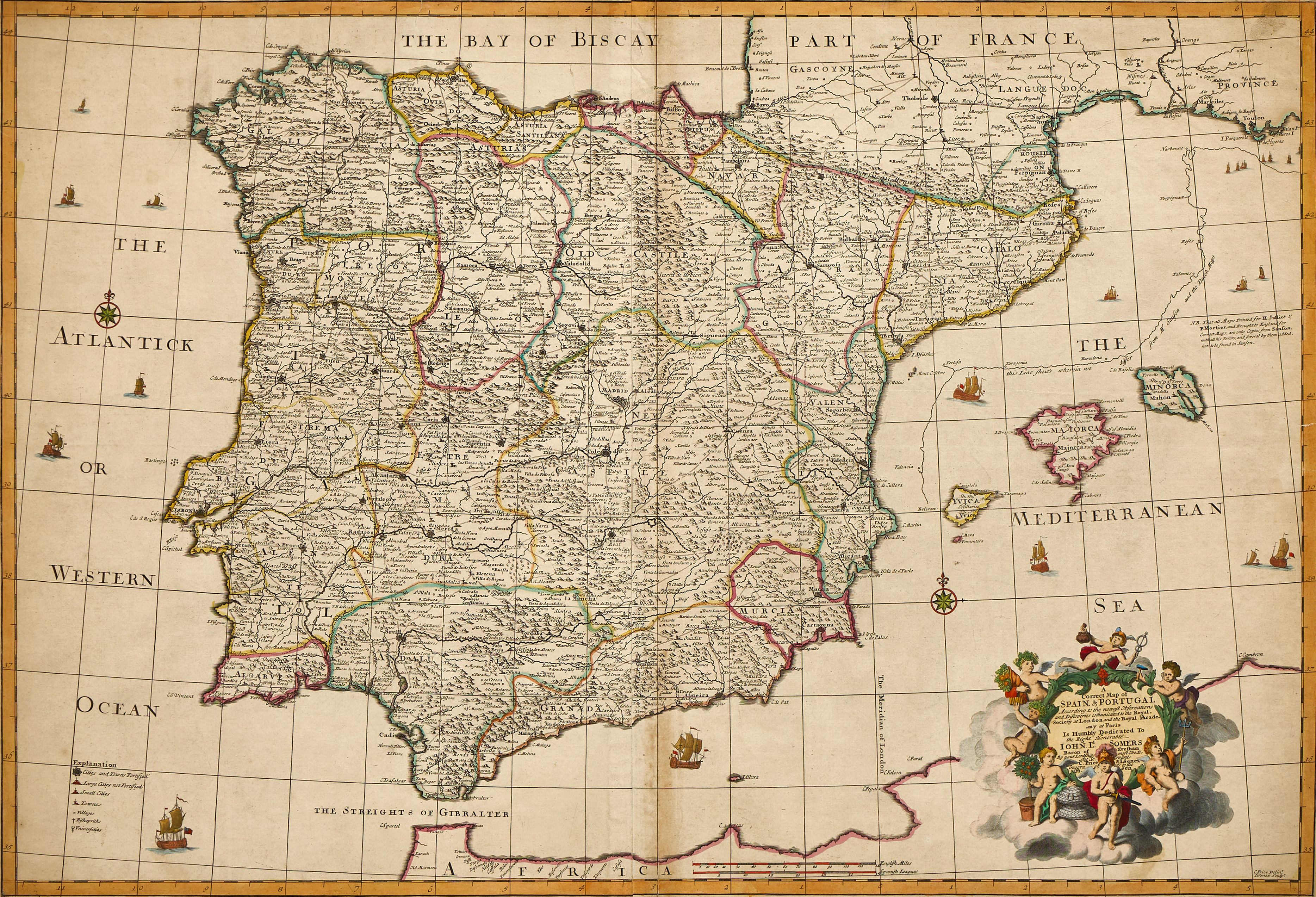 SENEX, A Correct Map of Spain & Portugal According to the new Observations and Discoveries communicated to the Royal Society at London and the Royal Academy at Paris, ca 1720.
