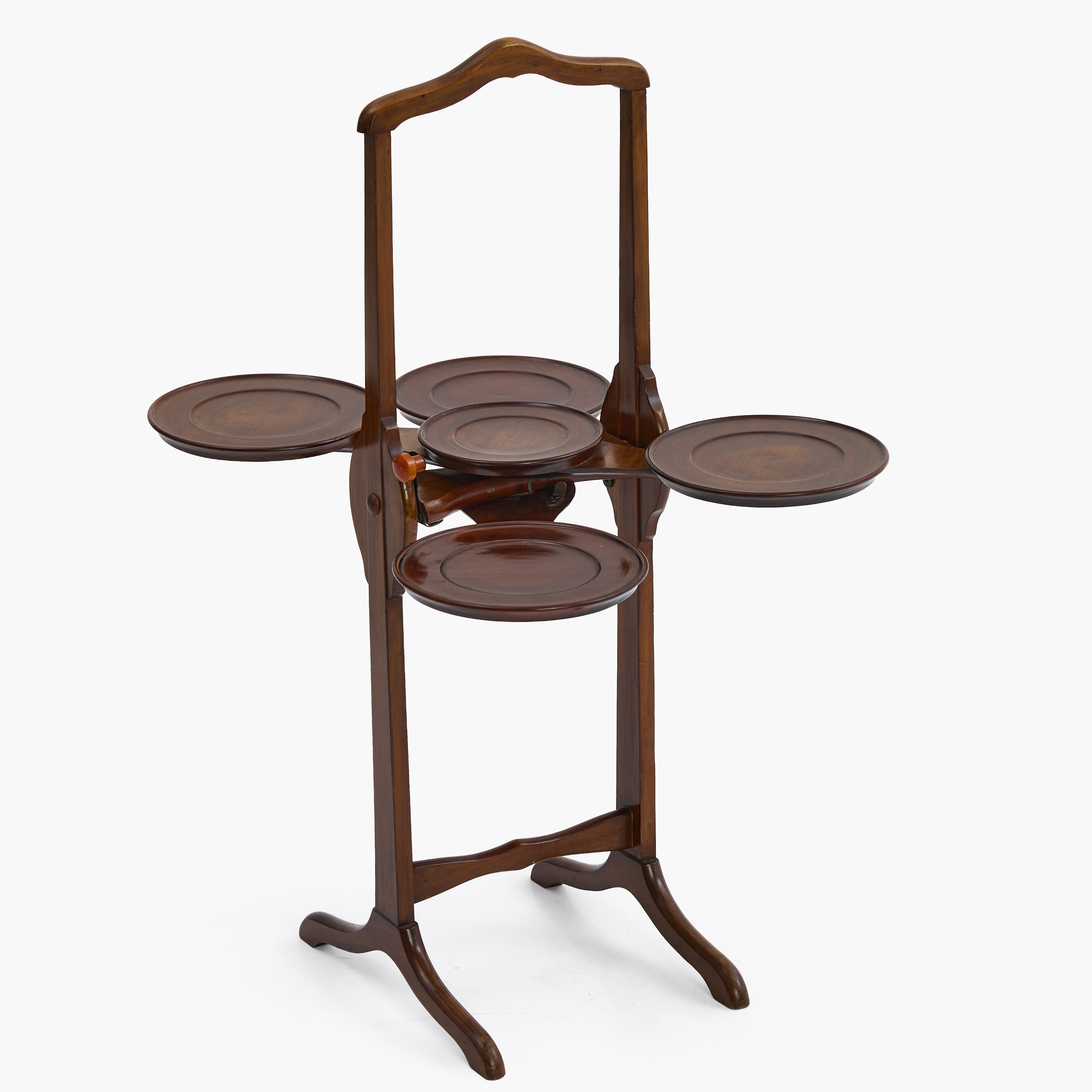 KAKSTÄLL/CAKESTAND, engelsk stil, 1900-tal, mahogny, 5 fat, hopfällbart.