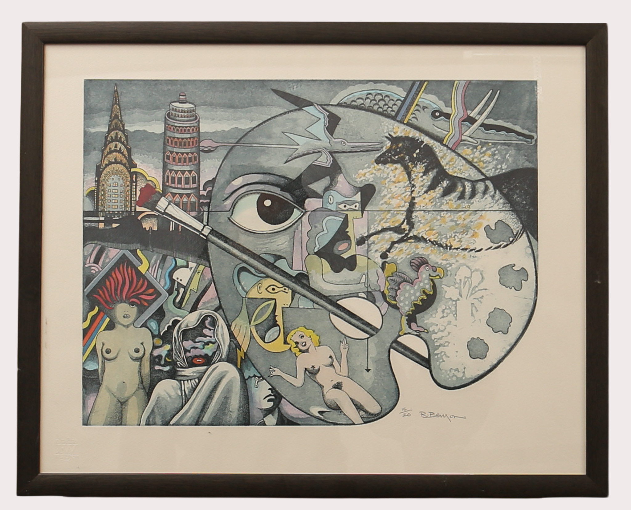 ROBERT BENSON. Färglitografi, surrealistisk komposition, numrerar 15/20, signerad.