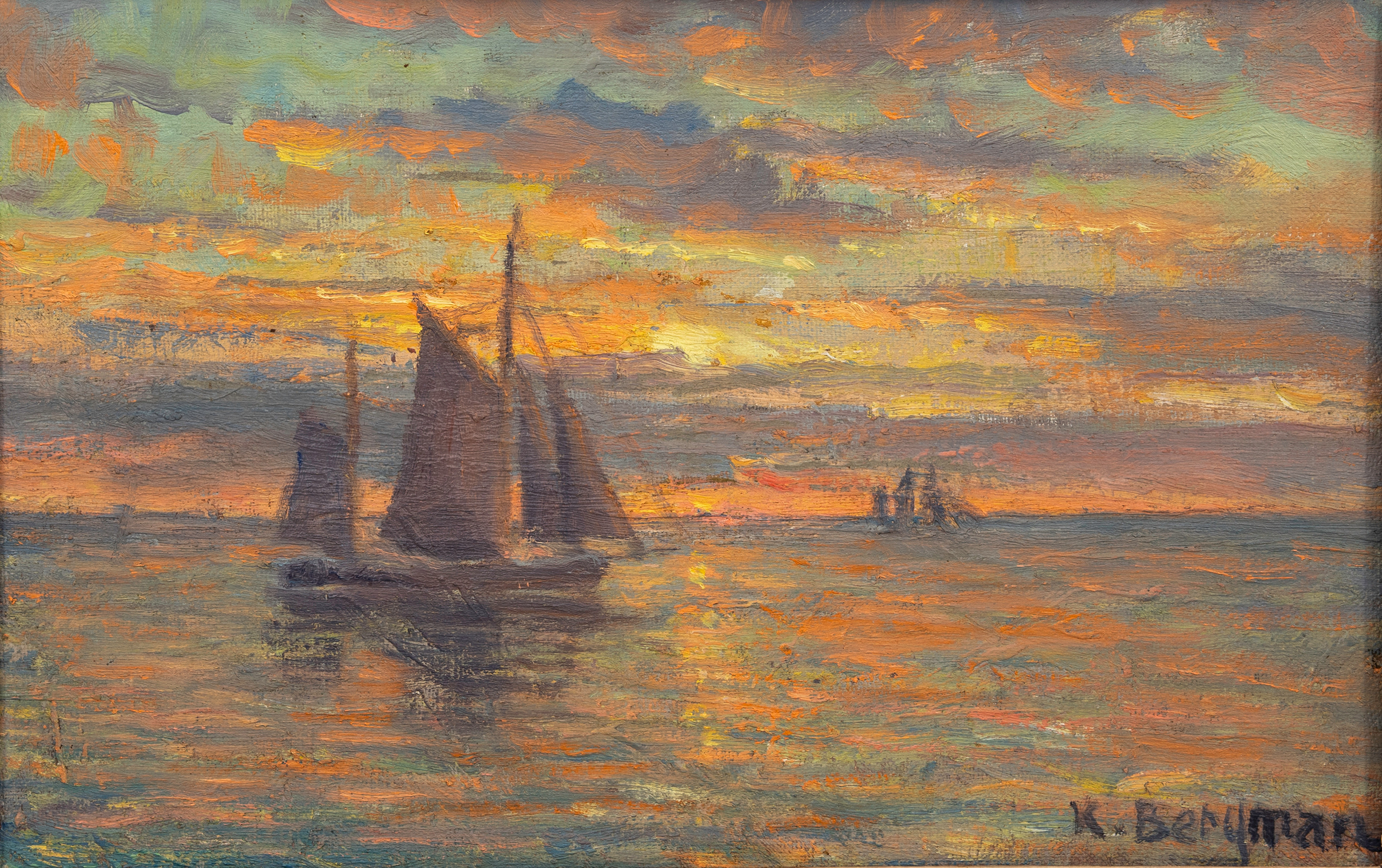 KARL BERGMAN. Solnedgång på havet, olja på pannå, signerad.