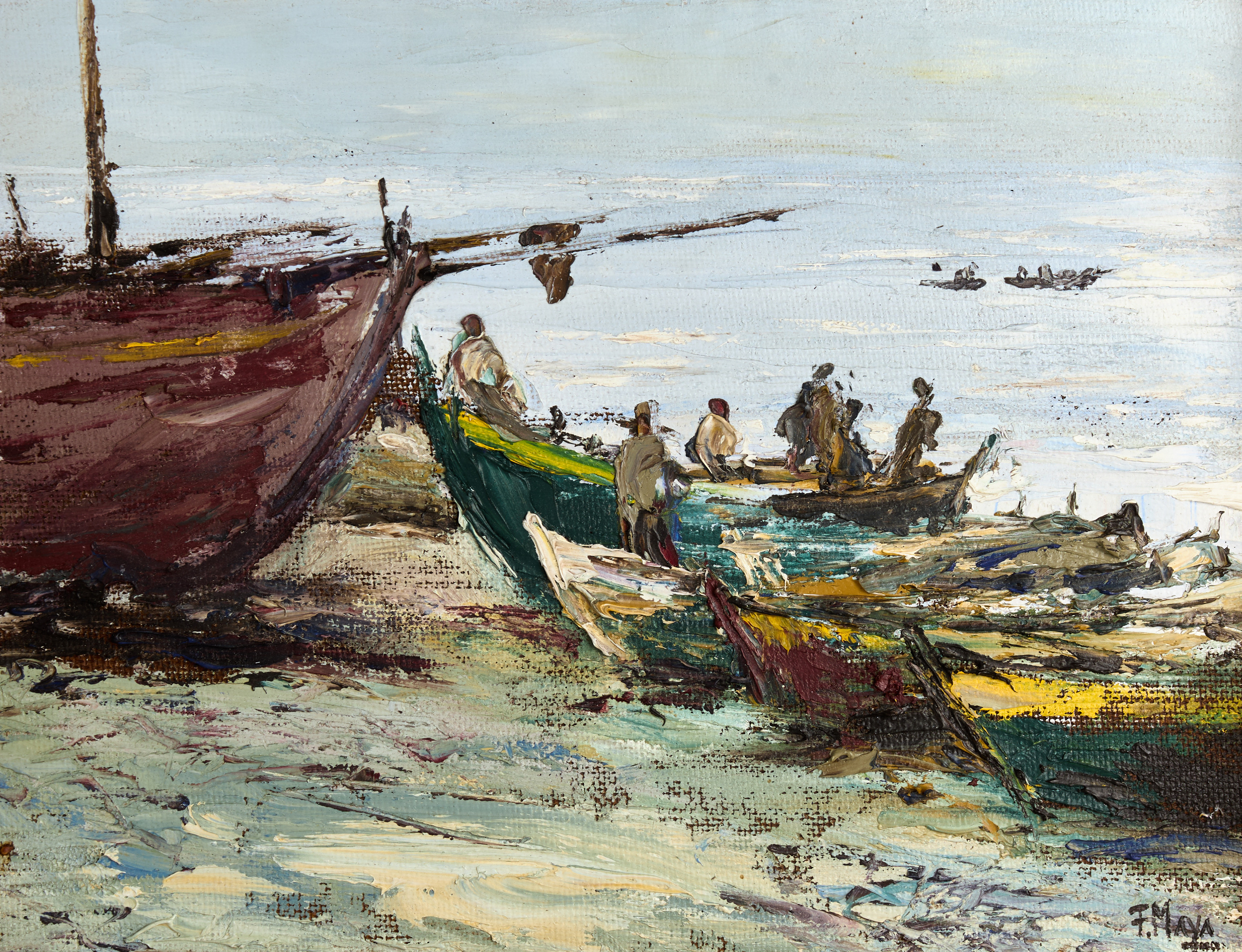 FRANCISCO MAYA (Portugal, 1915-1993). Båtar på strand, signerad F. Maya, olja på pannå.