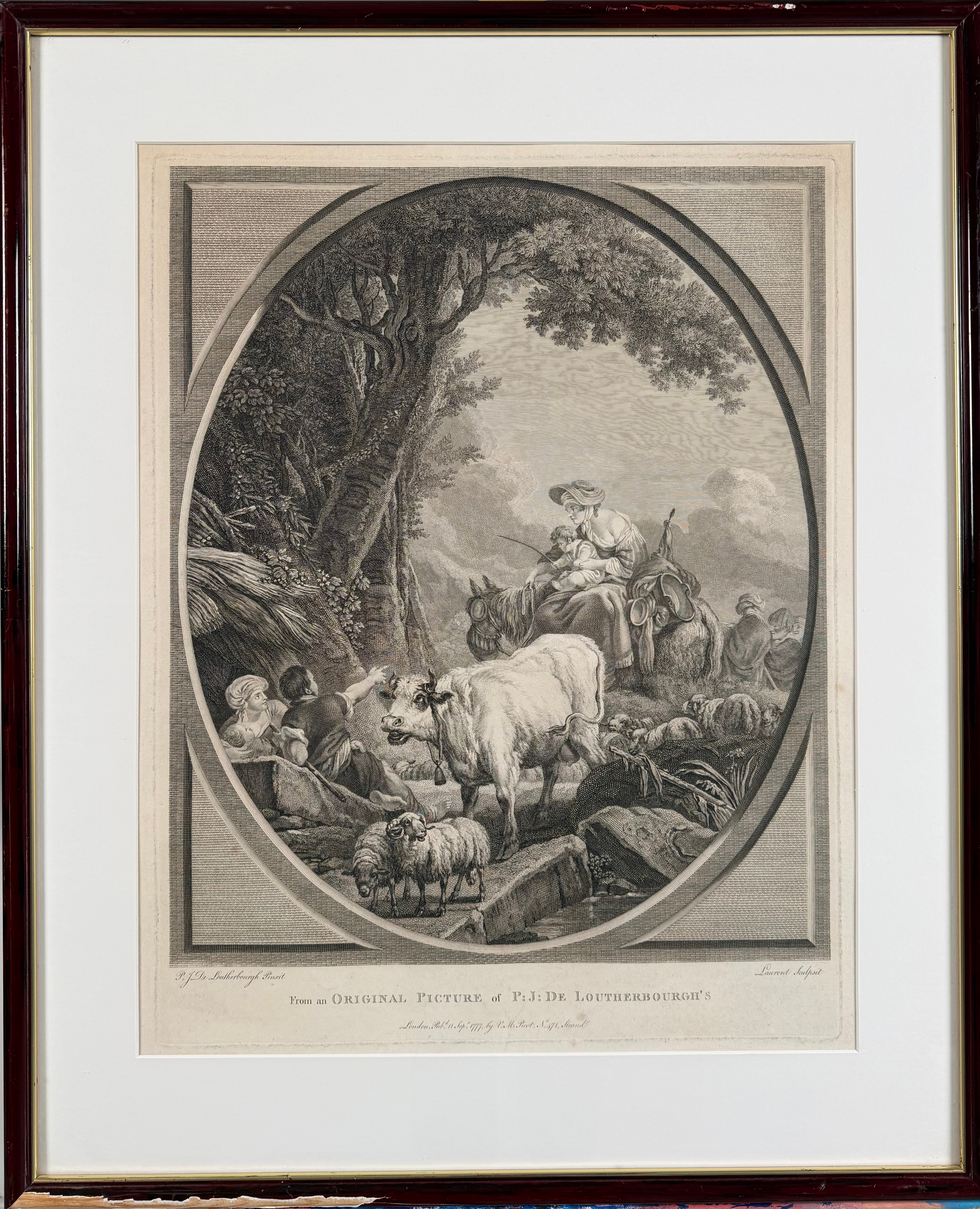 PHILIP JAMES DE LOUTHERBOURG(1740-1812). EFTER. Pastoral landskapsvy, etsning, 1770-tal, gravör Pierre Laurent, daterad i plåten 1777.