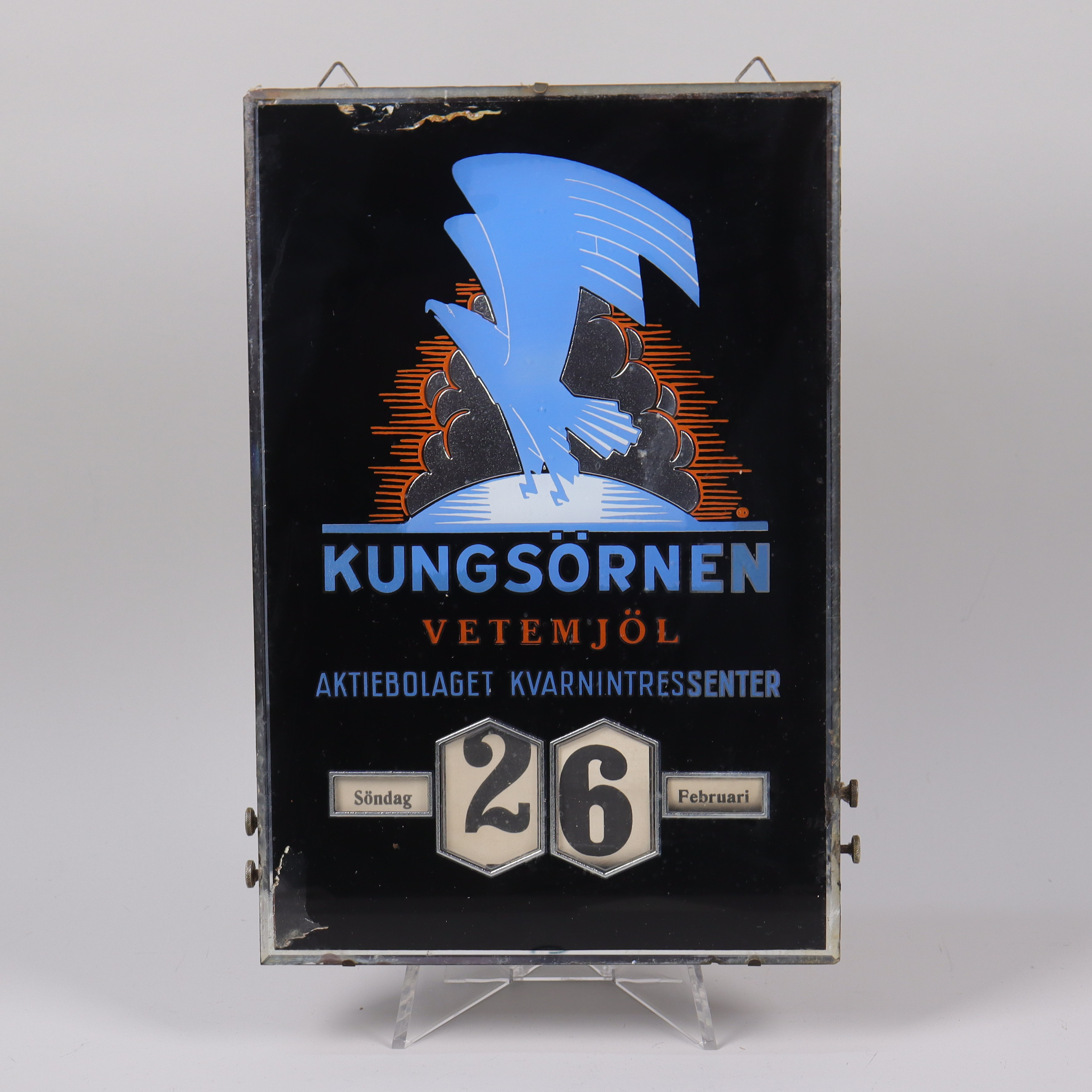 KALENDER, Kungsörnen Vetemjöl Aktiebolaget Kvarnintressenter, glas och trä.