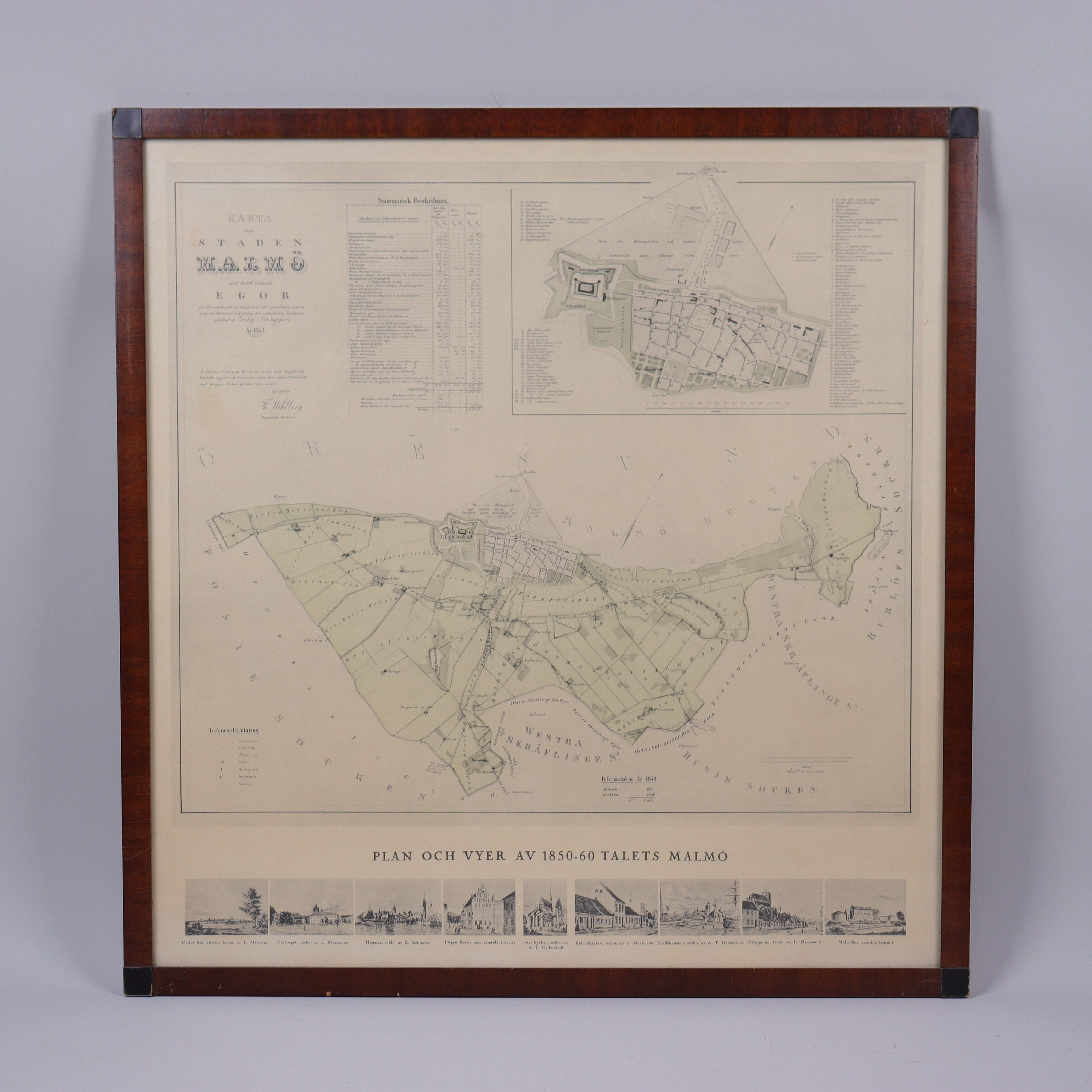 KARTA öfver staden Malmö och dertill lydande egor, plan och vyer av 1850-60-talets Malmö, reproduktion.