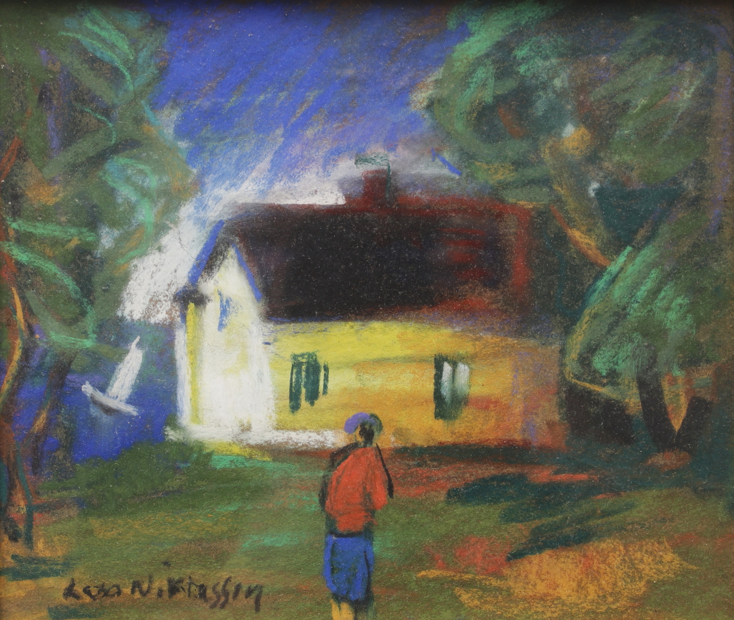 LARS NIKLASSON. Sommarstuga vid vatten, pastell, signerad.