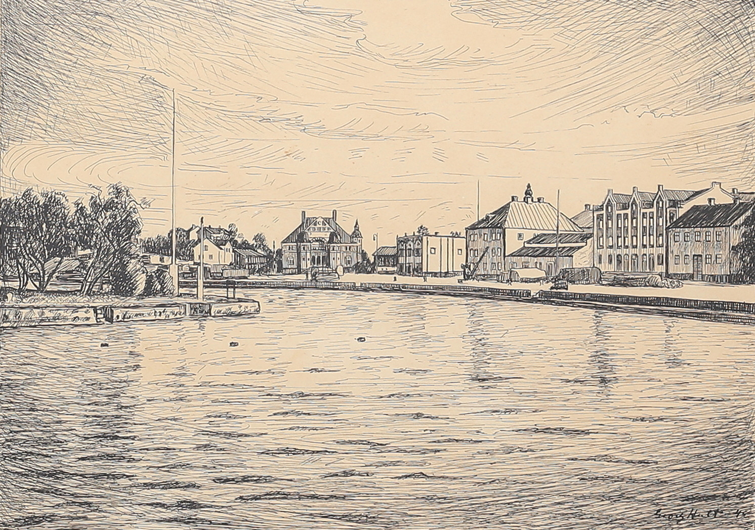GEORG HULT. Skeppsbron, Oskarshamn, teckning, signerad, daterad.