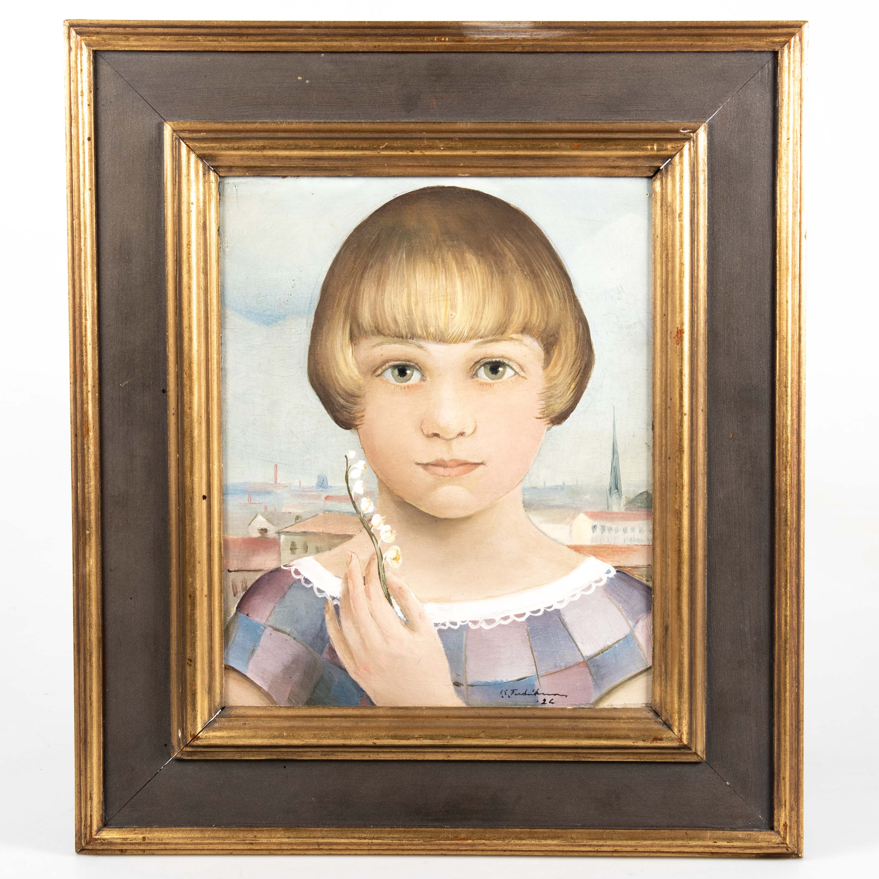 CARL EINAR "FIGGE" FREDRIKSSON. Olja på duk. Flickporträtt med blomma, 1926.