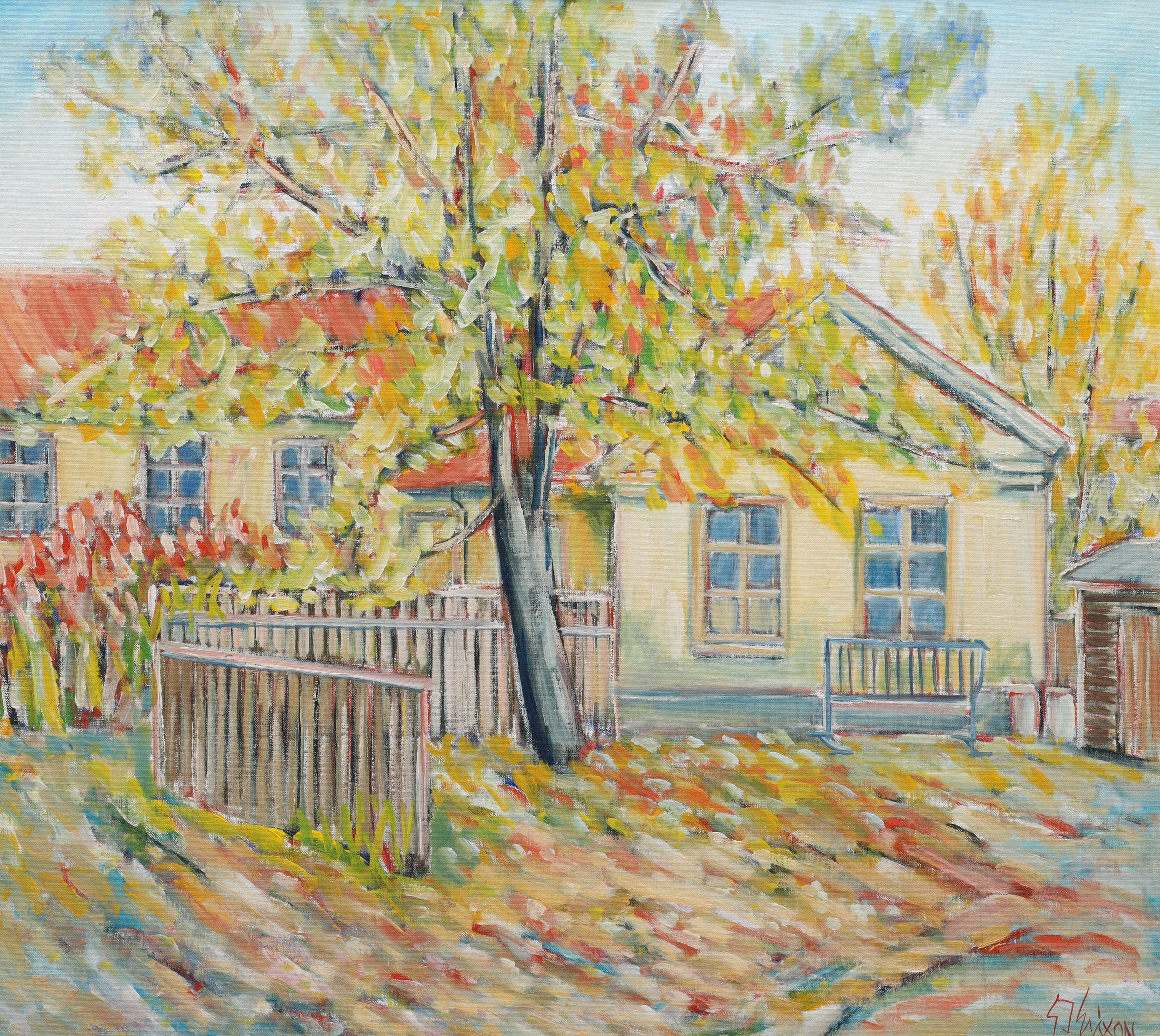 GUNNAR INGEMAR ERIXON, olja på duk, "Bakgård vid Edsgatan - Gasverksgatan Vänersborg", signerad G J Erixon, atergo daterad 1990.