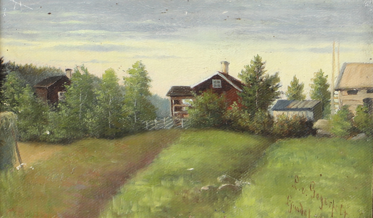 CHARLOTTA VON GEGERFELT. Landskap med stuga, olja på pannå, signerad L.v. Gegerfelt, Ljusdal.