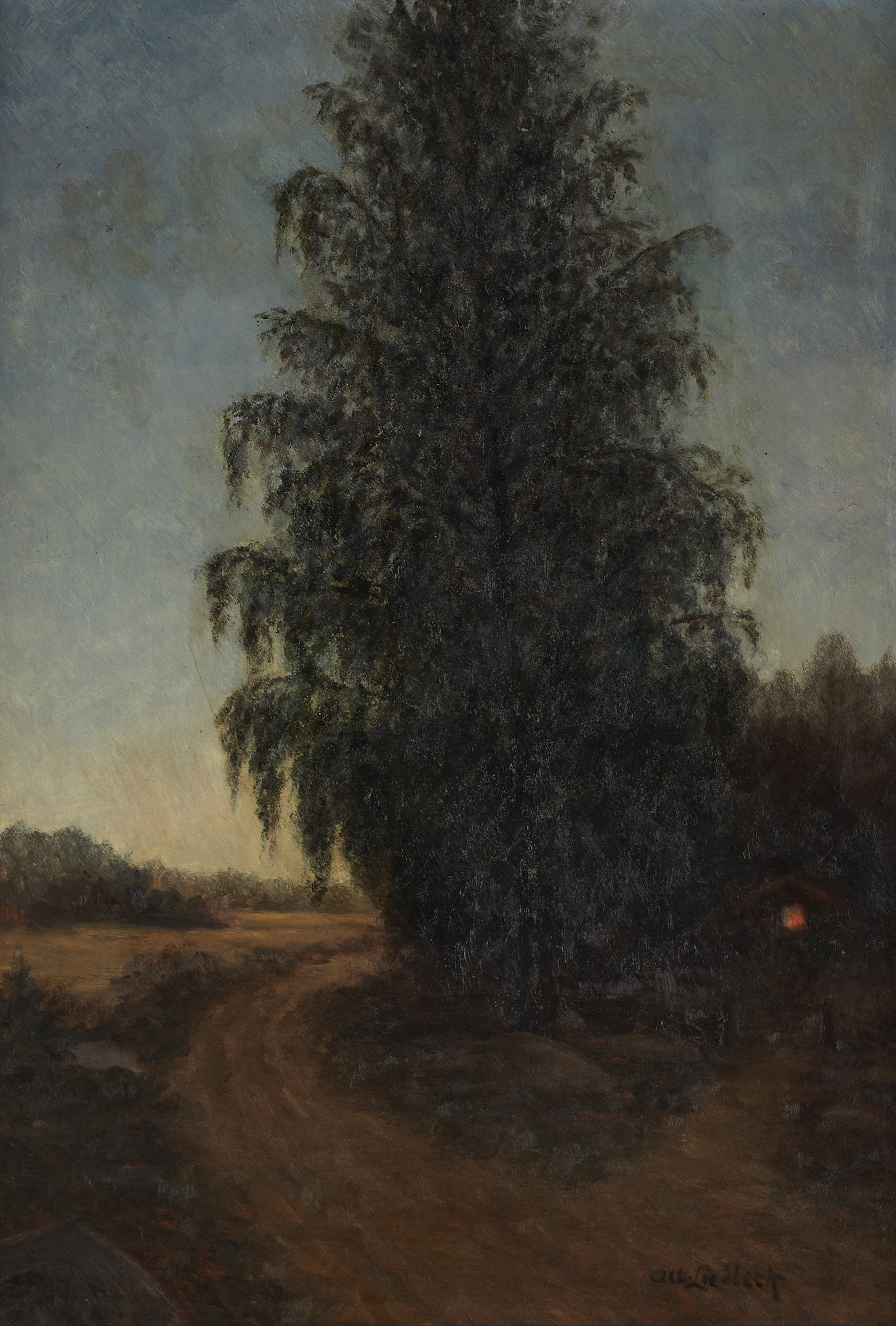 ALBERT LIEDBECK (1881-1955). Träd i skymning, signerad, olja på pannå.