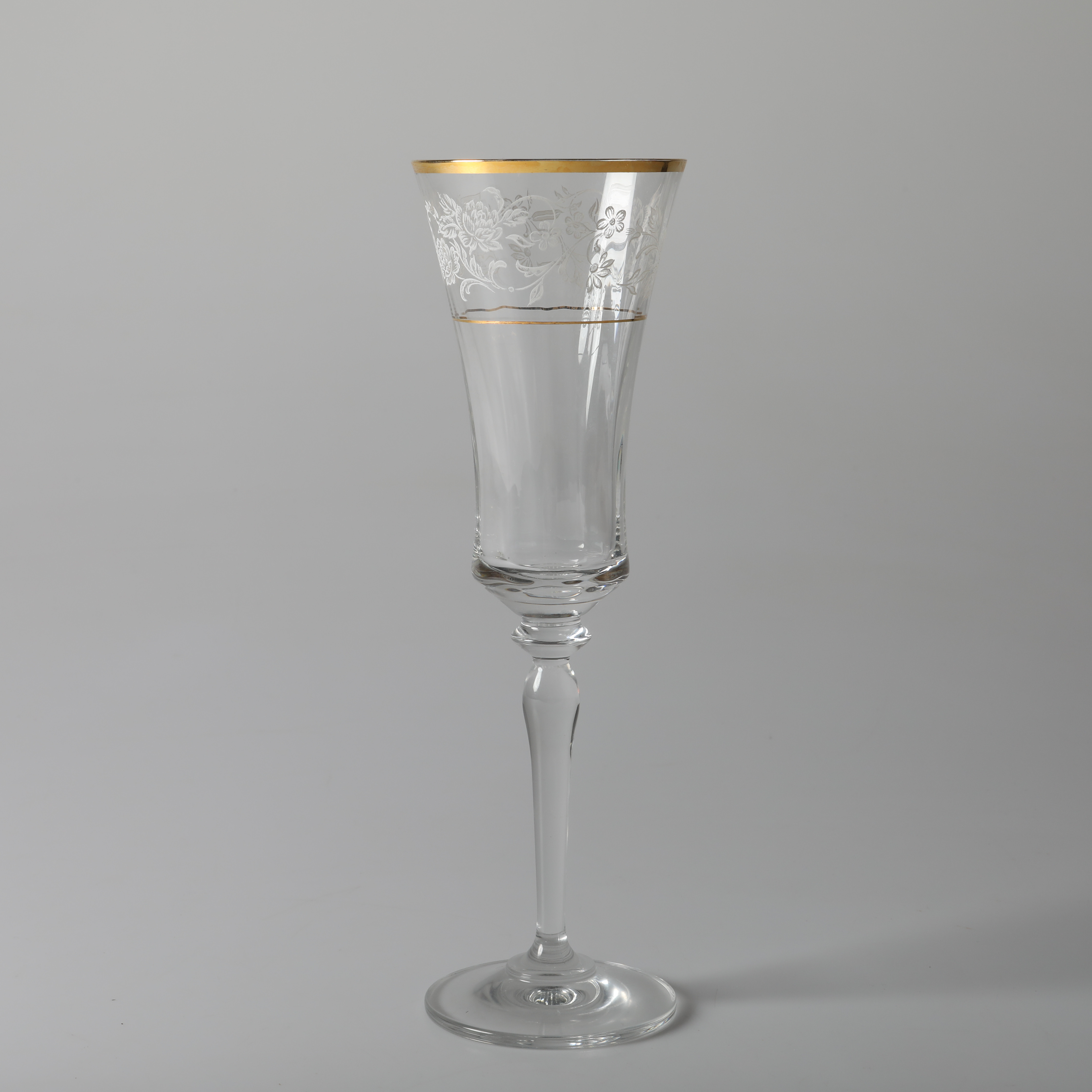 CHAMPAGNEGLAS, 8 stycken, glas med blomdekor och förgyllning, 1900-tal.
