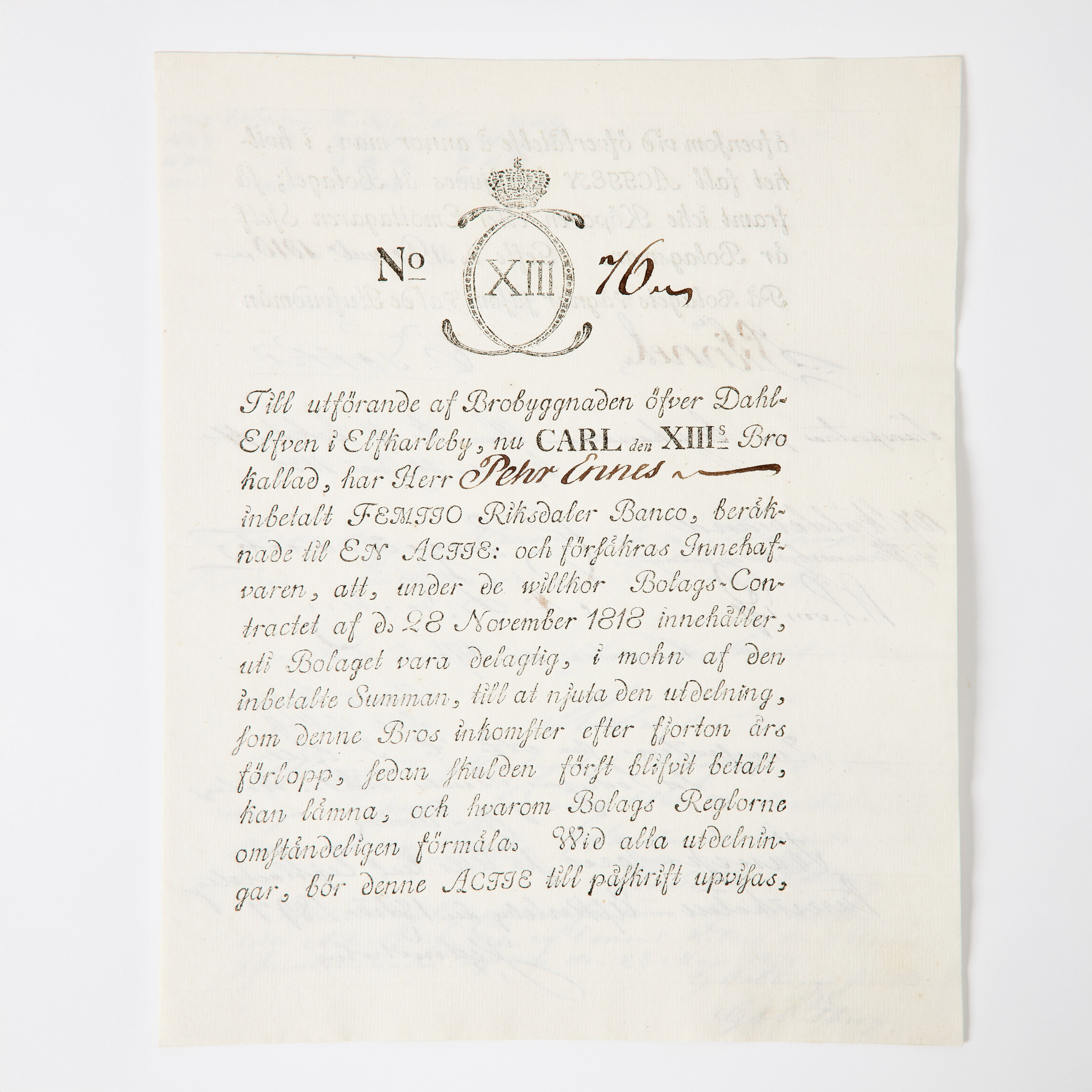 SÄLLSYNT AKTIEBREV - KARL XIII:S BROBOLAG, 1818, KARL XIII:S BRO ÄLVKARLEBY.