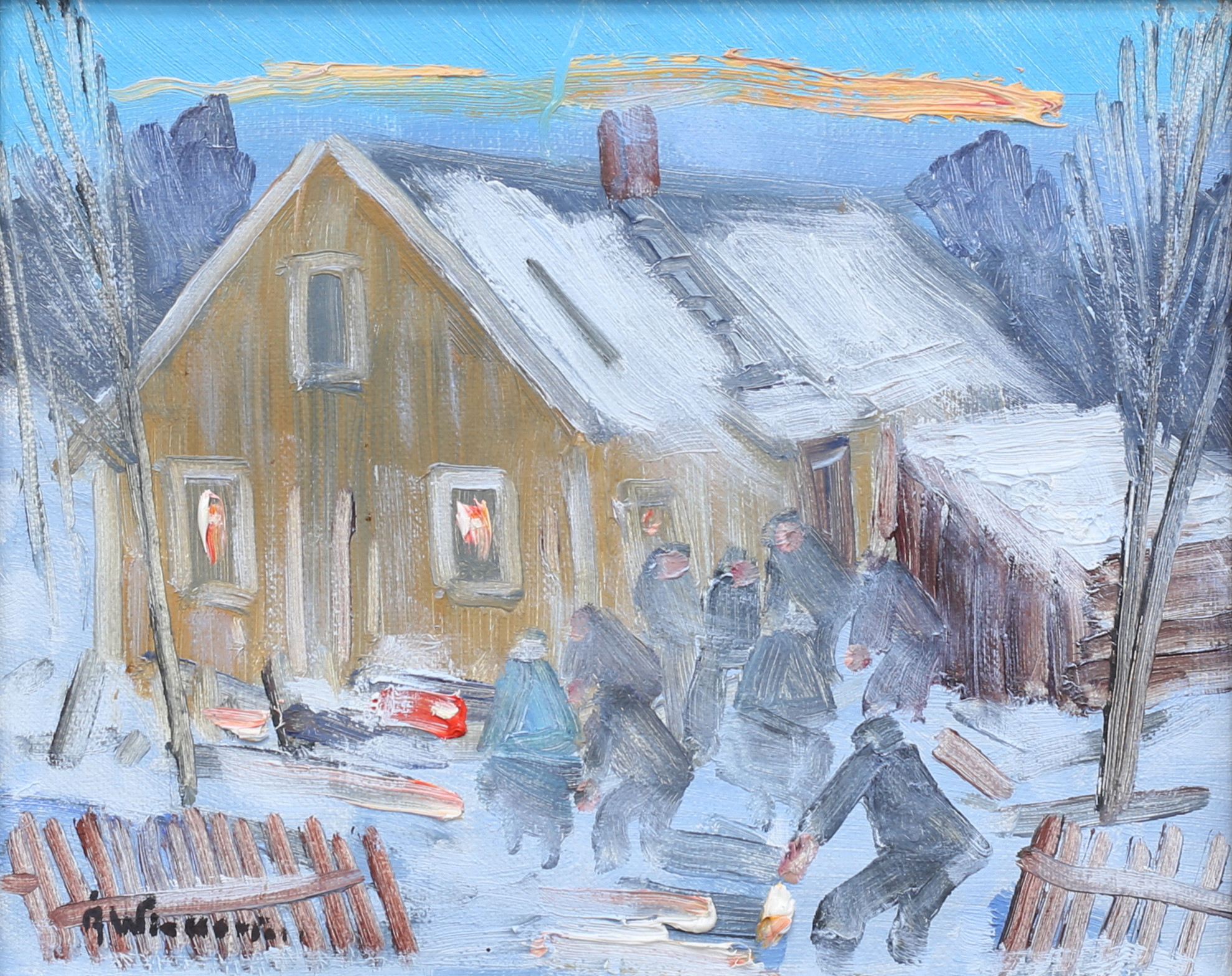 ÅKE WICKSTRÖM. Samling på gården, olja på duk, signerad.