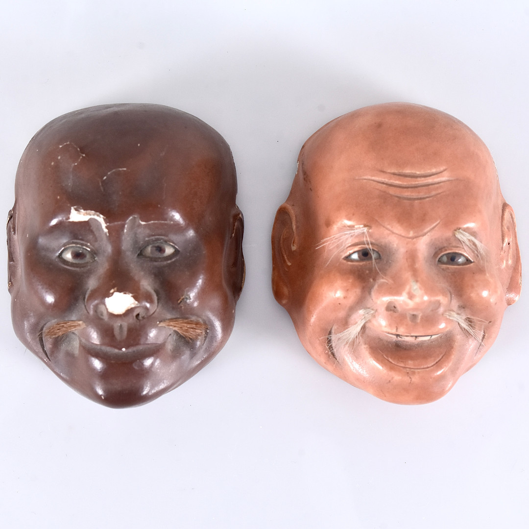 MINIATYRMASKER, 2 st, papier maché, Japan, Meiji-Taishô.