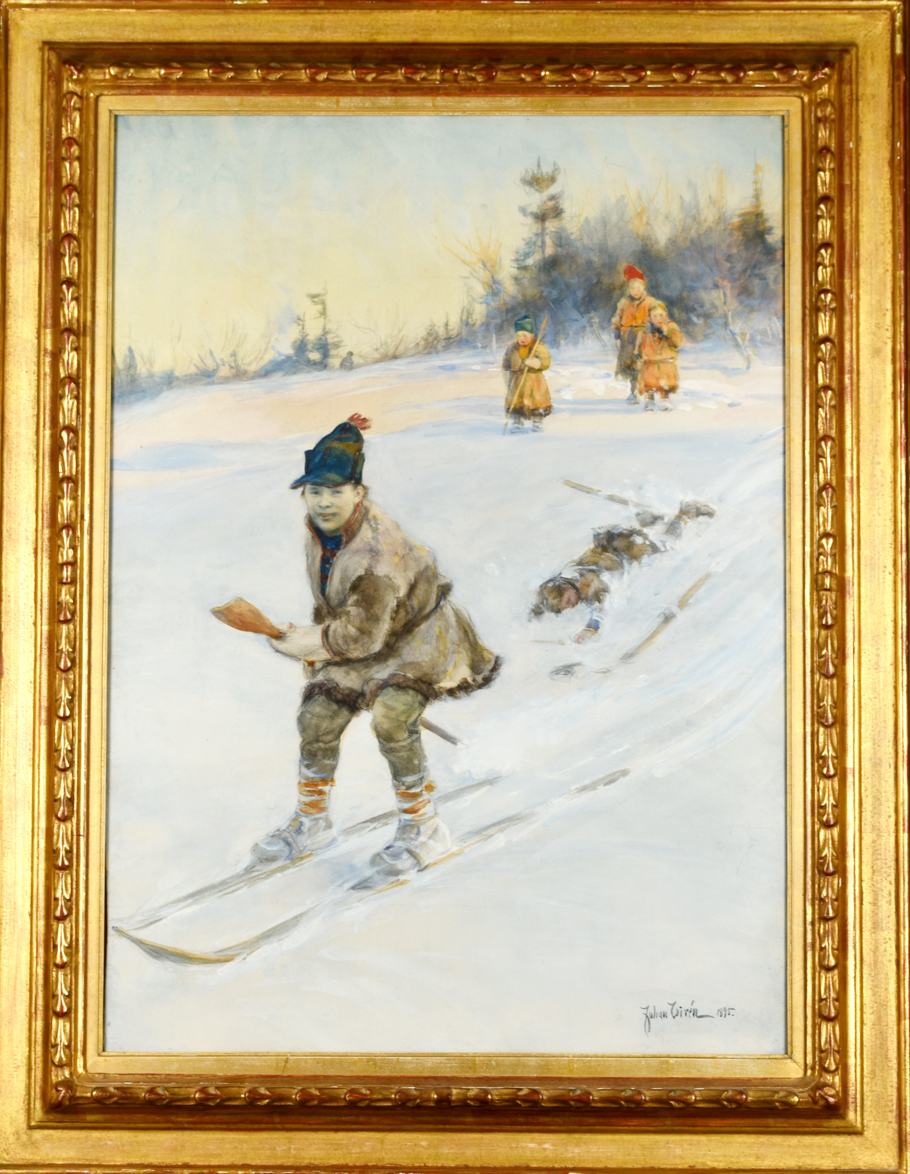 JOHAN TIRÉN. Akvarell på papper "Skidåkande samer" Signerad & daterad: 1895.