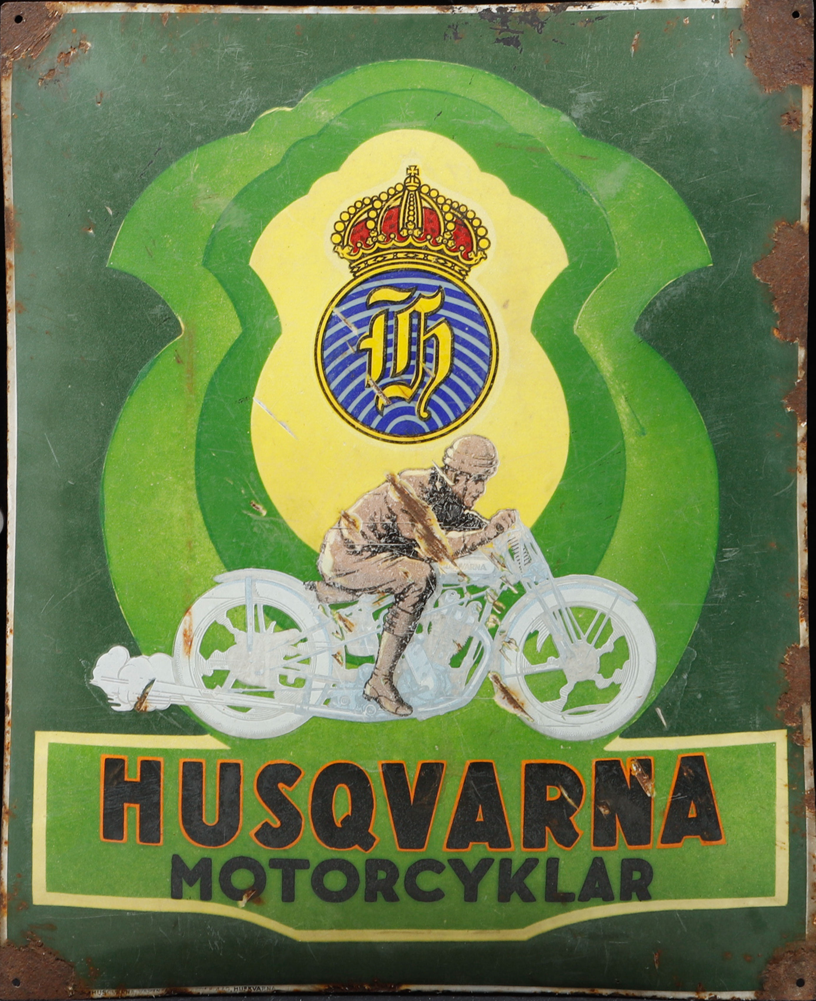 HUSQVARNA, "Husqvarna Motorcyklar", reklamskylt, emalj, ca 1930.