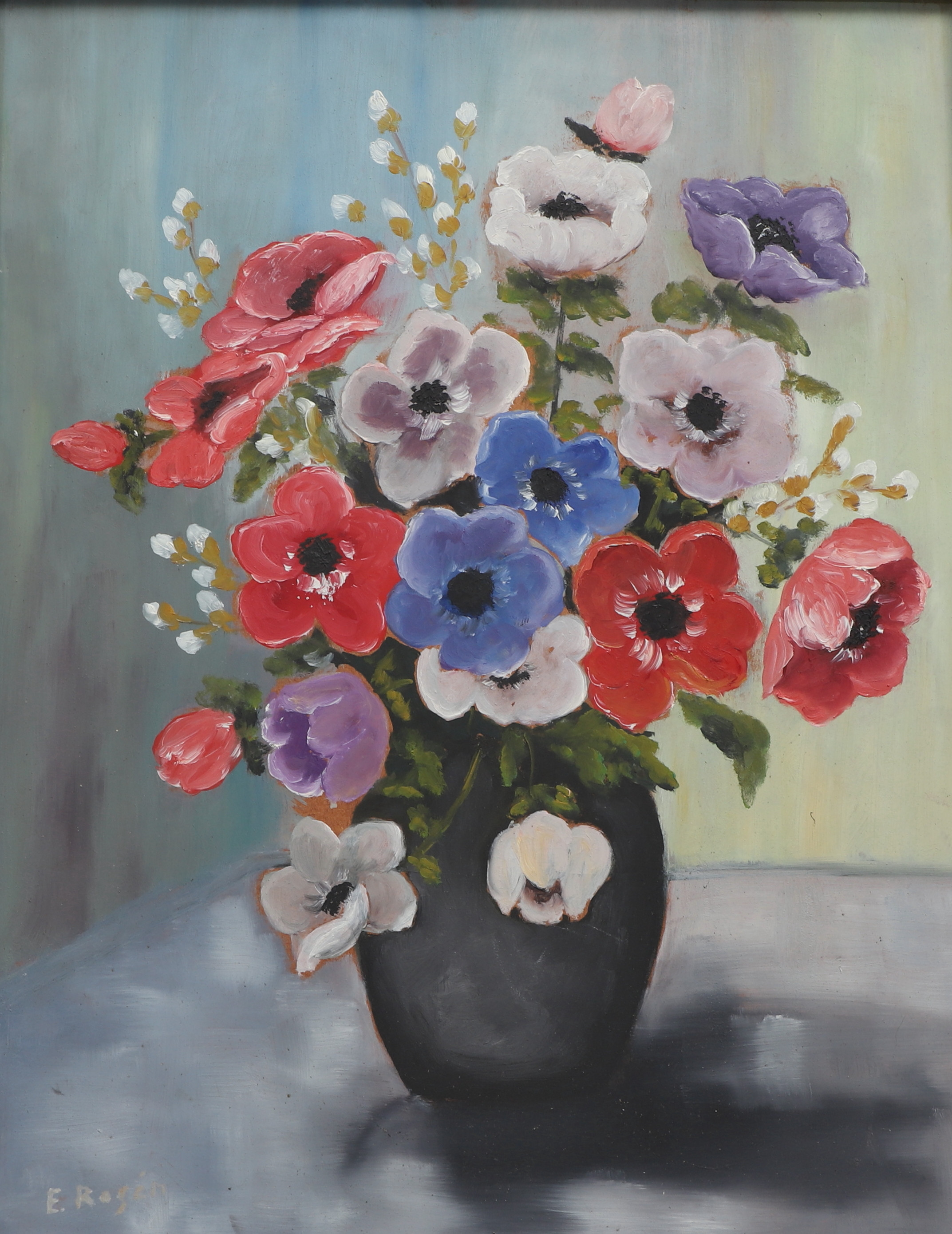 EINAR ROSÉN. Olja på pannå, blomsterstilleben, signerad, 1900-tal.