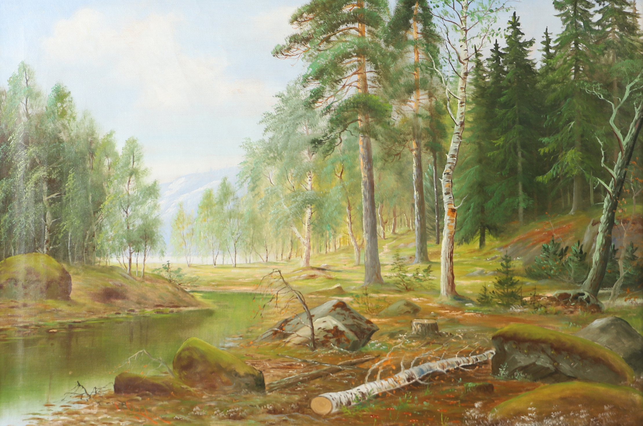 OIDENTIFIERAD KONSTNÄR. Landskap med vattendrag, olja på duk, otydligt signerad.