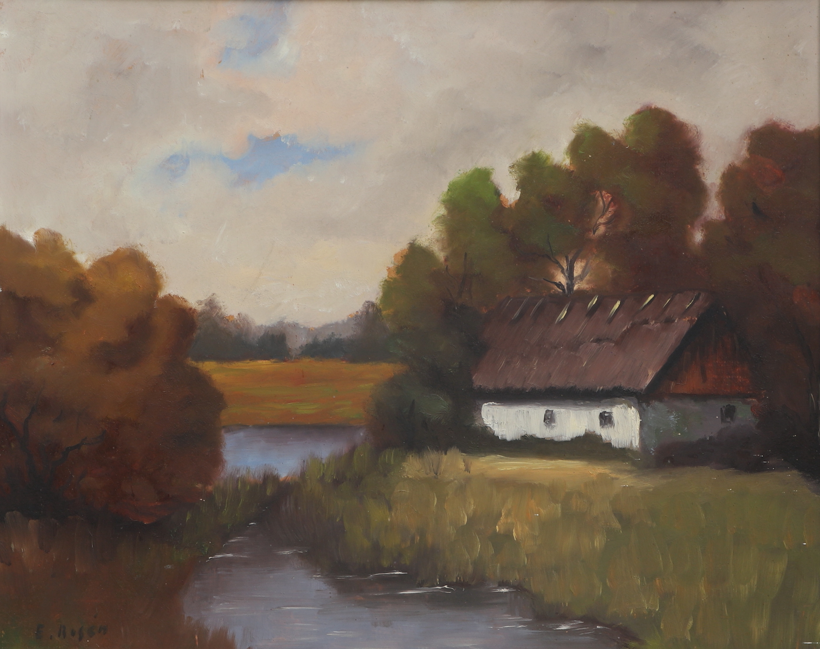 EINAR ROSÉN. Olja på pannå, hus i skogsdunge vid vatten, signerad, 1900-tal.