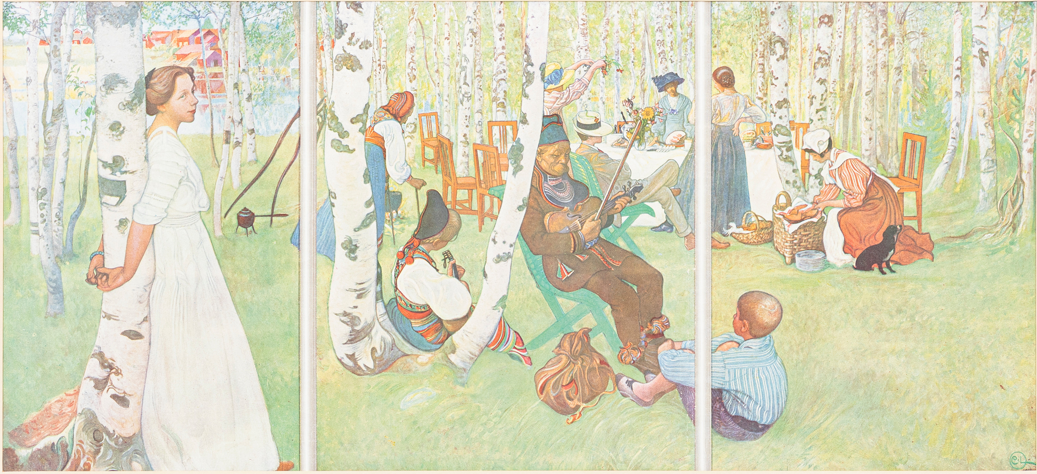 CARL LARSSON. EFTER. "Frukost i det gröna", triptyk, offsettryck, signerad i trycket, CL.