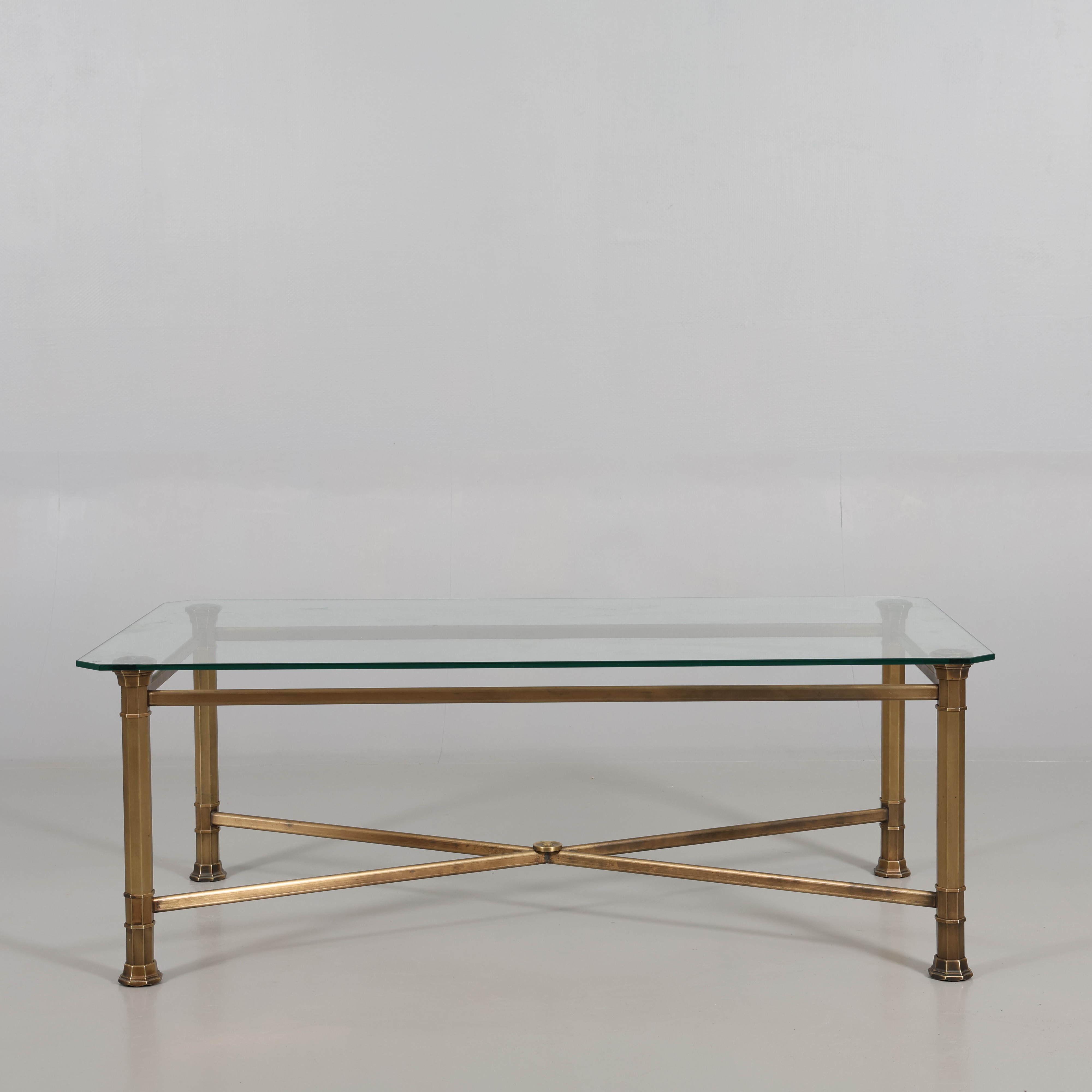 SOFFBORD, glas med patinerad benställning i metall, samtida.