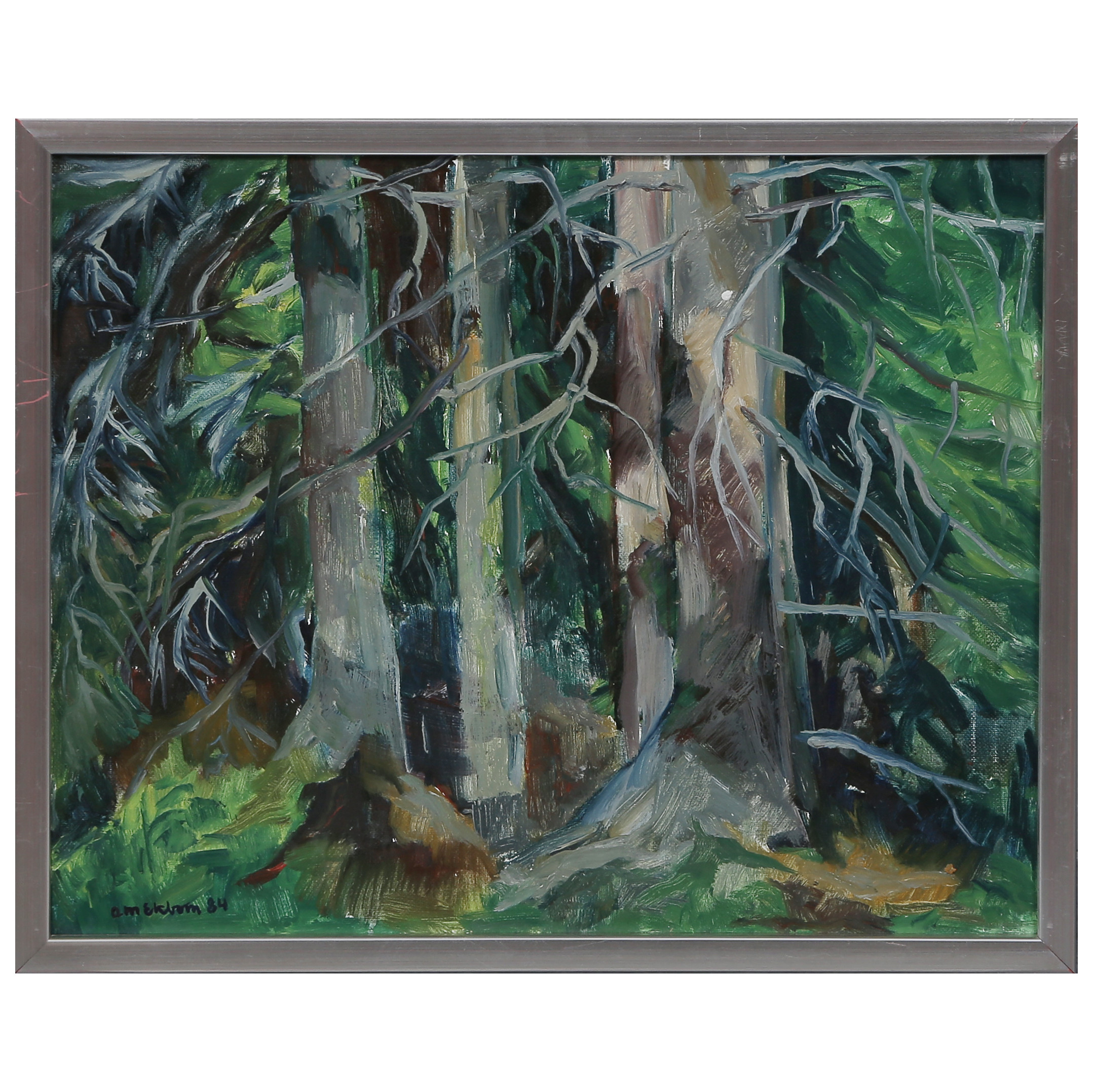 ANN-MARIE EKBOM (1925-2018) "SKOGSINTERIÖR, HÖGA KUSTEN" OLJA PÅ PANNÅ, SIGNERAD OCH DATERAD, 1984 (A TERGO).