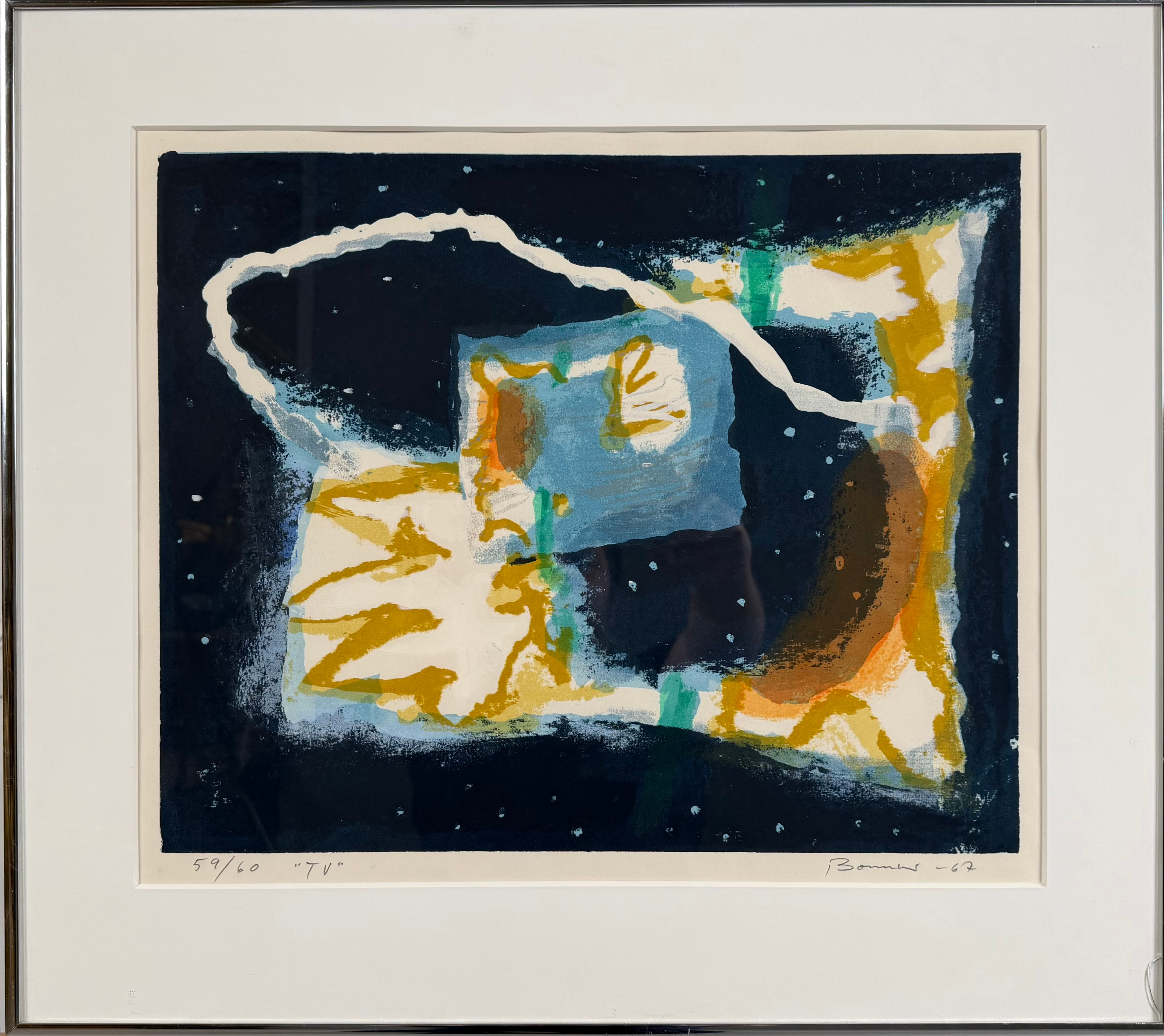OLLE BONNIÉR. "TV", färglitografi, signerad samt numrerad 59/60, daterad -67.