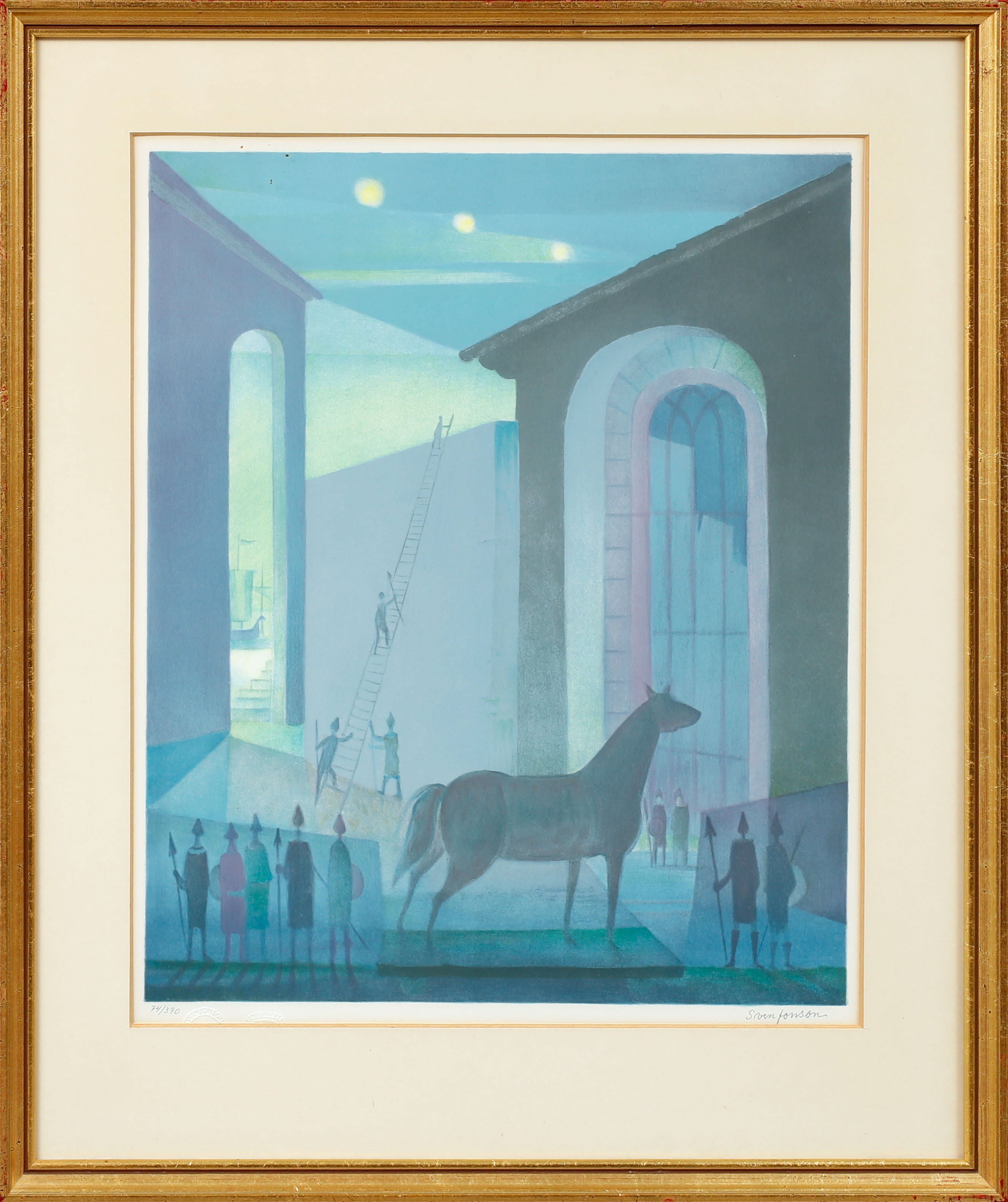 SVEN JONSON. "Den trojanska hästen", färglitografi, signerad och numrerad 74/390.