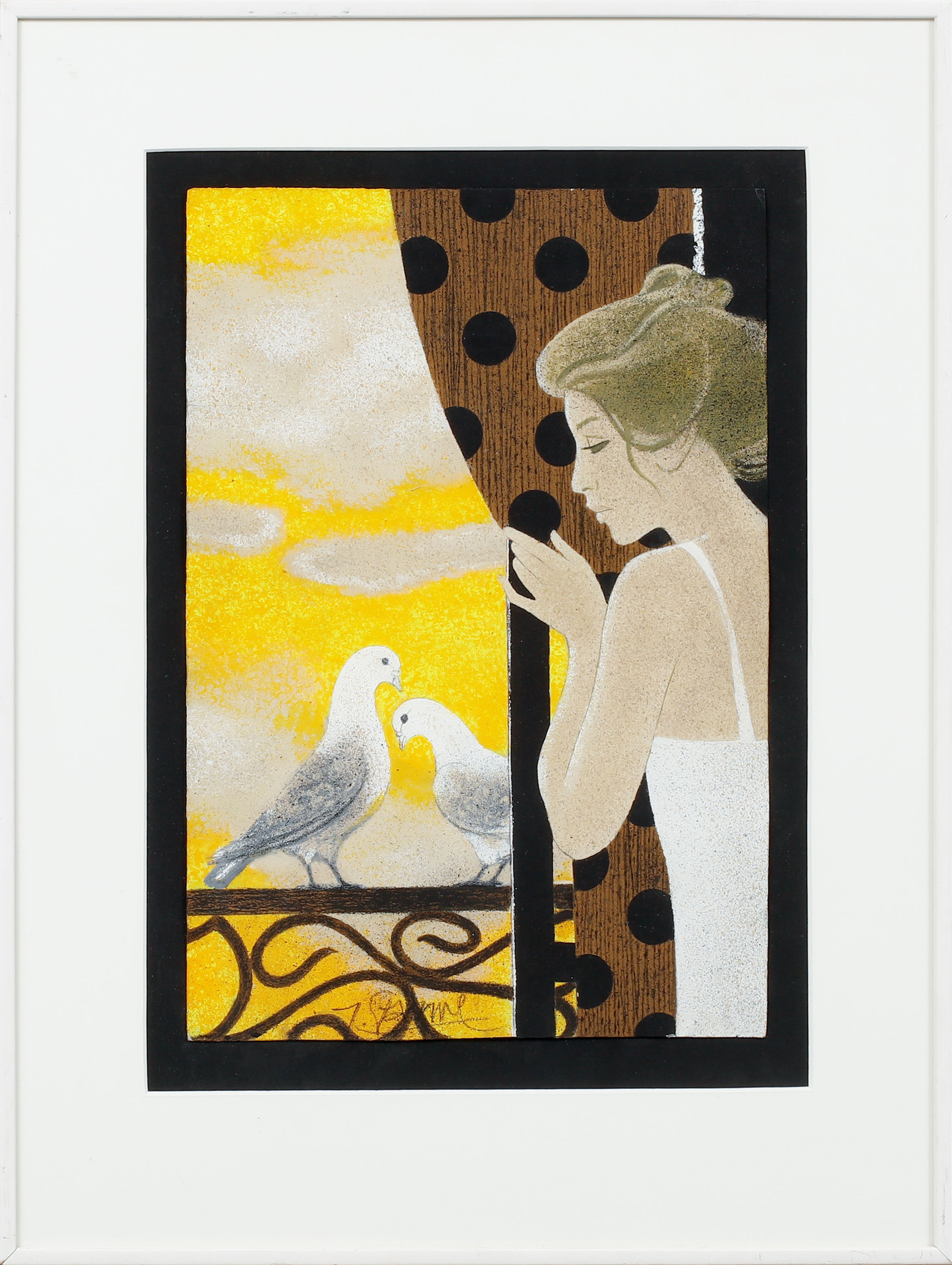 YVES GANNE. Figur och duvor, blandteknik, signerad.